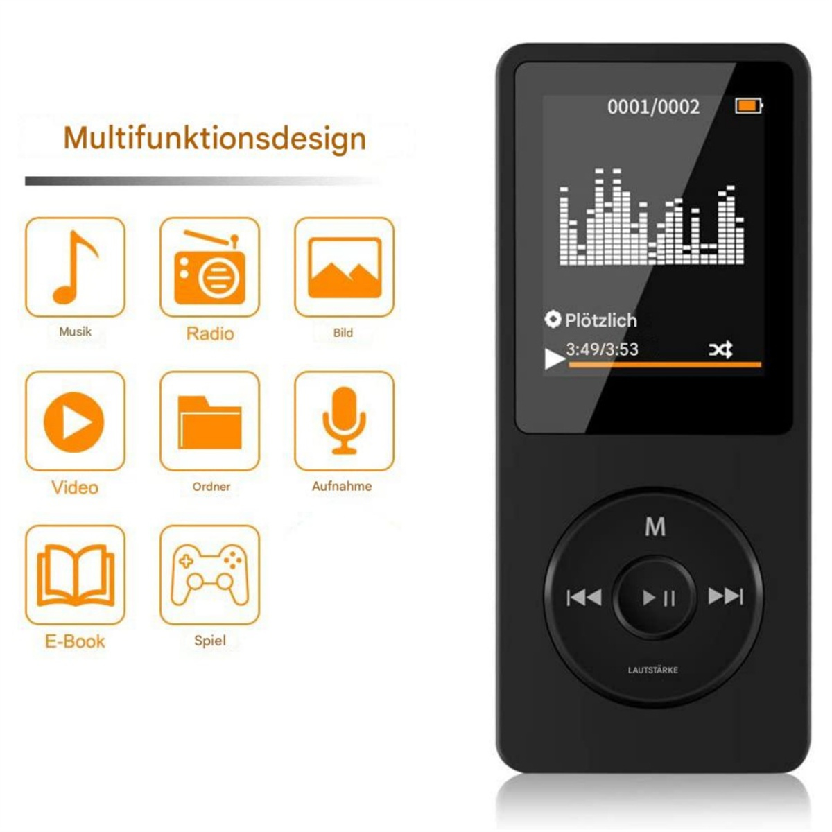 Schwarzer MP3-Player-Bildschirm mit Musikinformationen und Symbolen mit Multifunktionsdesign.