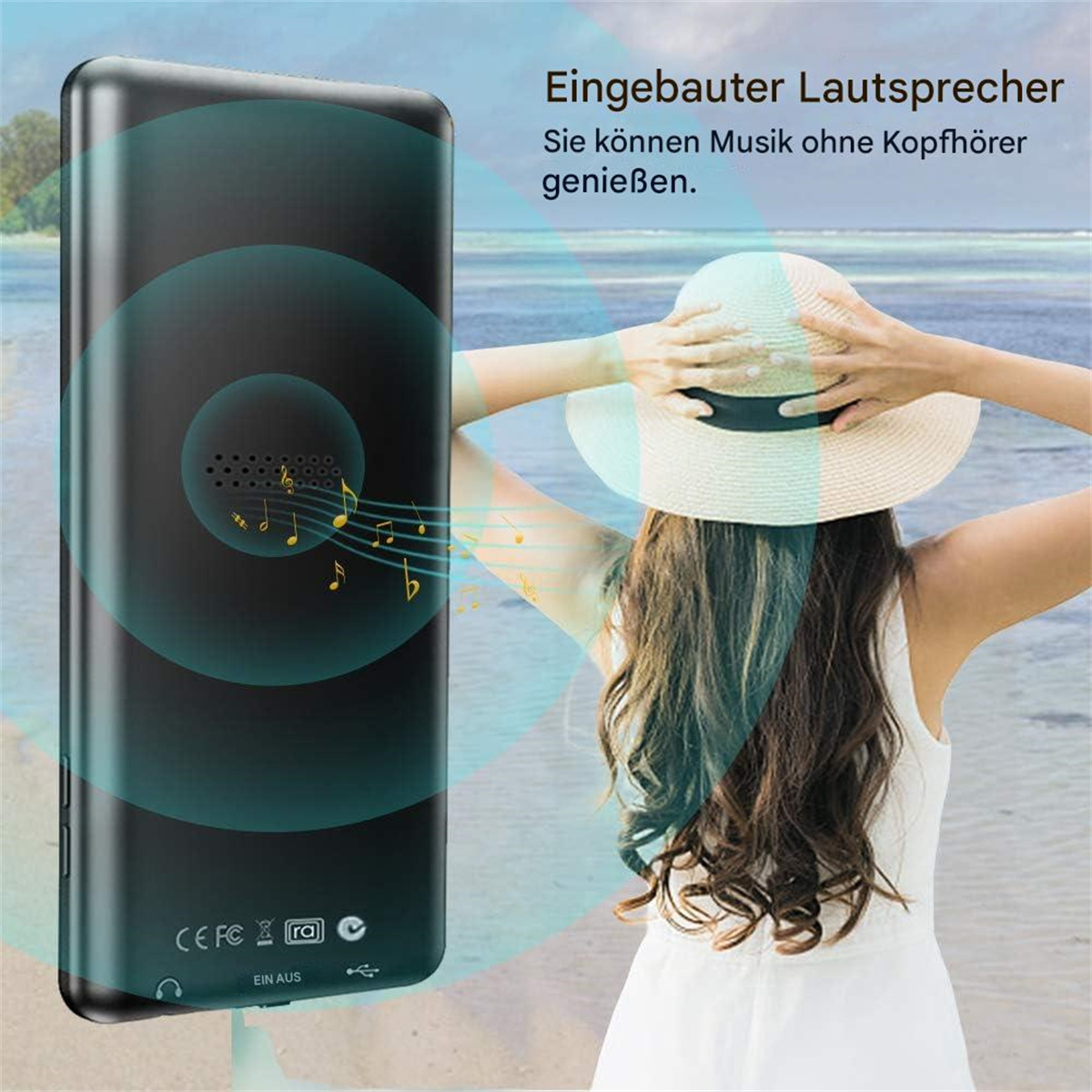 Schwarzes Gerät mit Lautsprecher, Frau mit Hut im Hintergrund.