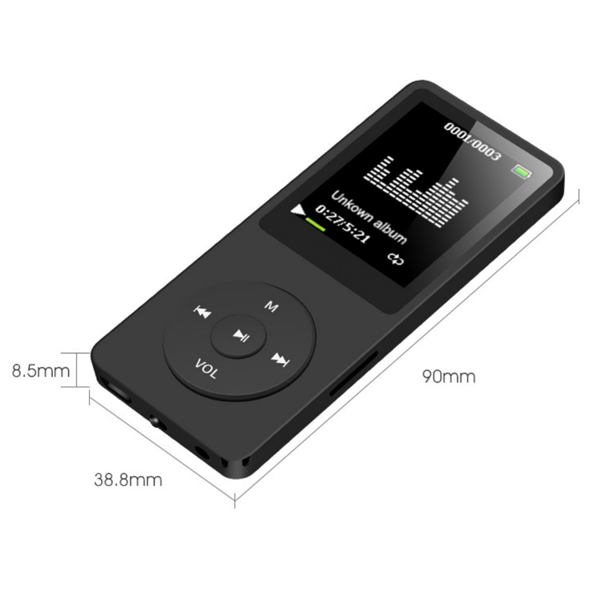 Schwarzer MP3-Player mit Bildschirm, der Musikinformationen anzeigt, mit Abmessungen. Weißer Hintergrund.