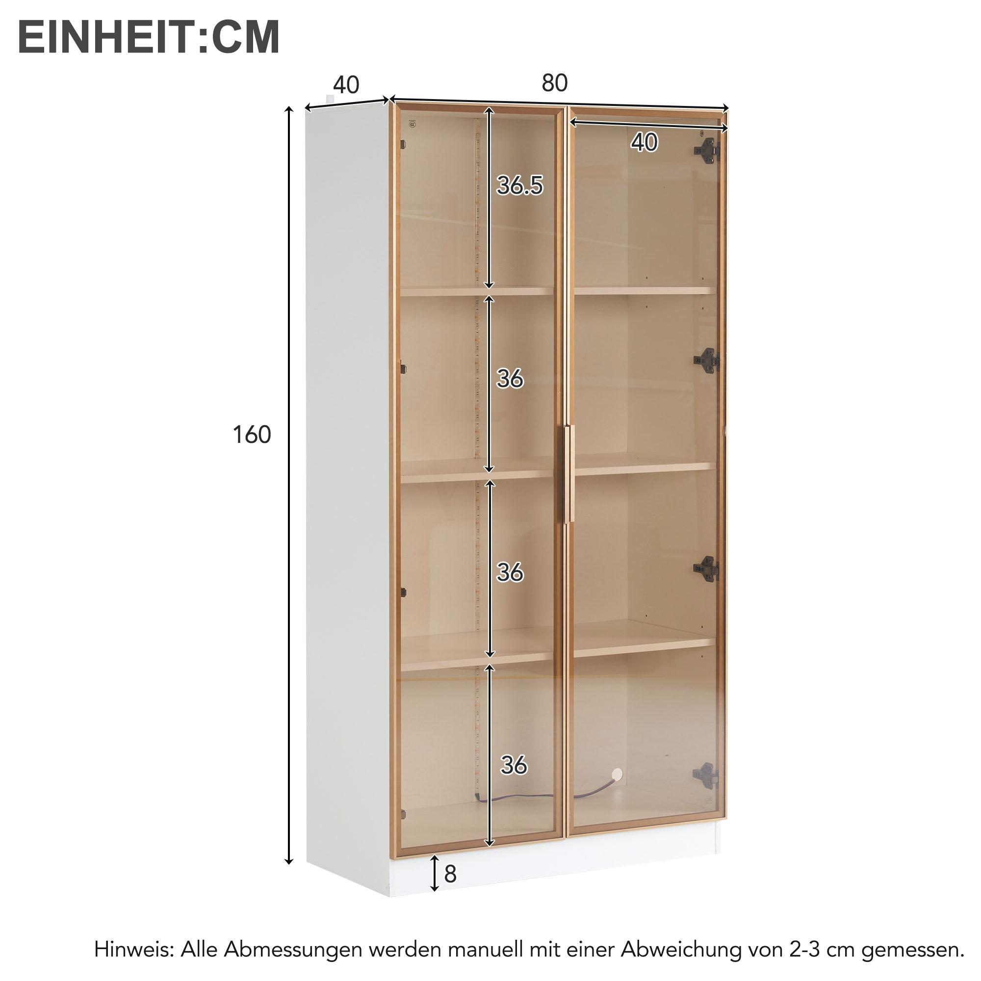 Weißer Vitrinenschrank mit Glastüren, goldfarbener Verkleidung. Abmessungen in cm werden angezeigt. 160x80x40.