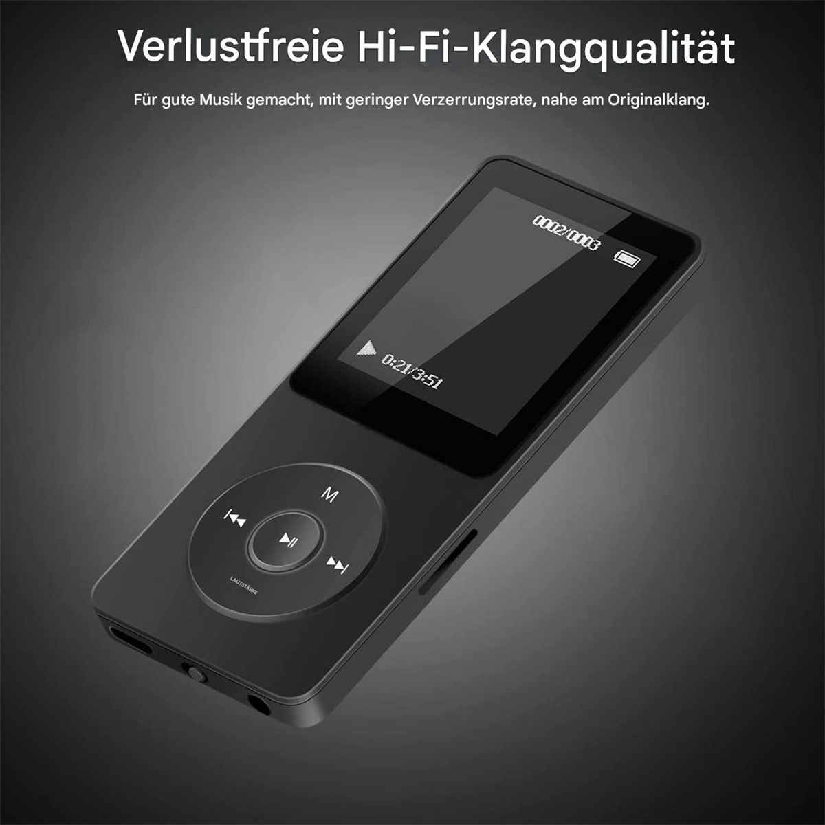 Schwarzer MP3-Player mit Bildschirm, der einen Song anzeigt. Oben steht 'Verlustfreie Hi-Fi-Klangqualität'.