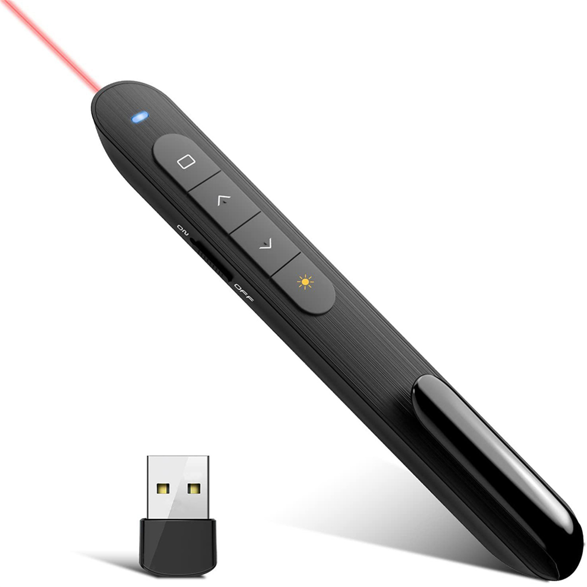 Schwarze Präsentationsfernbedienung mit Tasten, rotem Laserlicht und USB-Adapter.