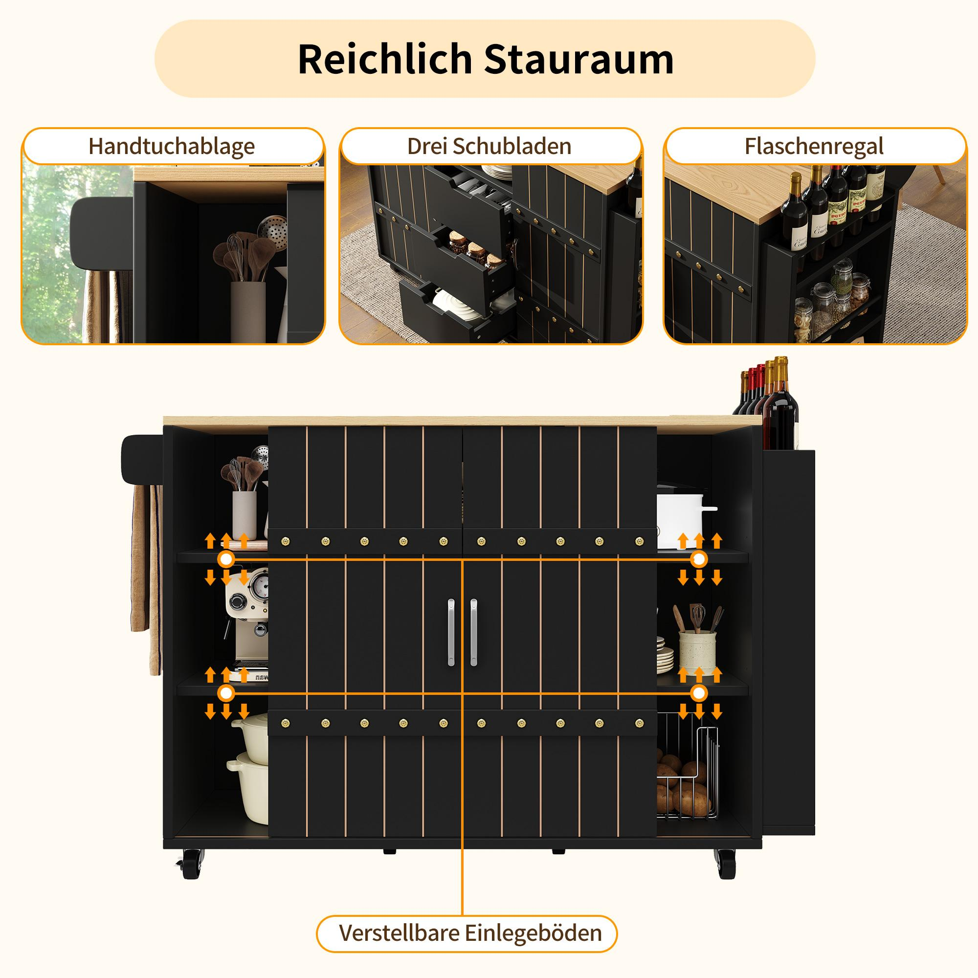 Eine schwarze Kücheninsel mit verschiedenen Fächern: Handtuchhalter, Schubladen und Flaschenregal.