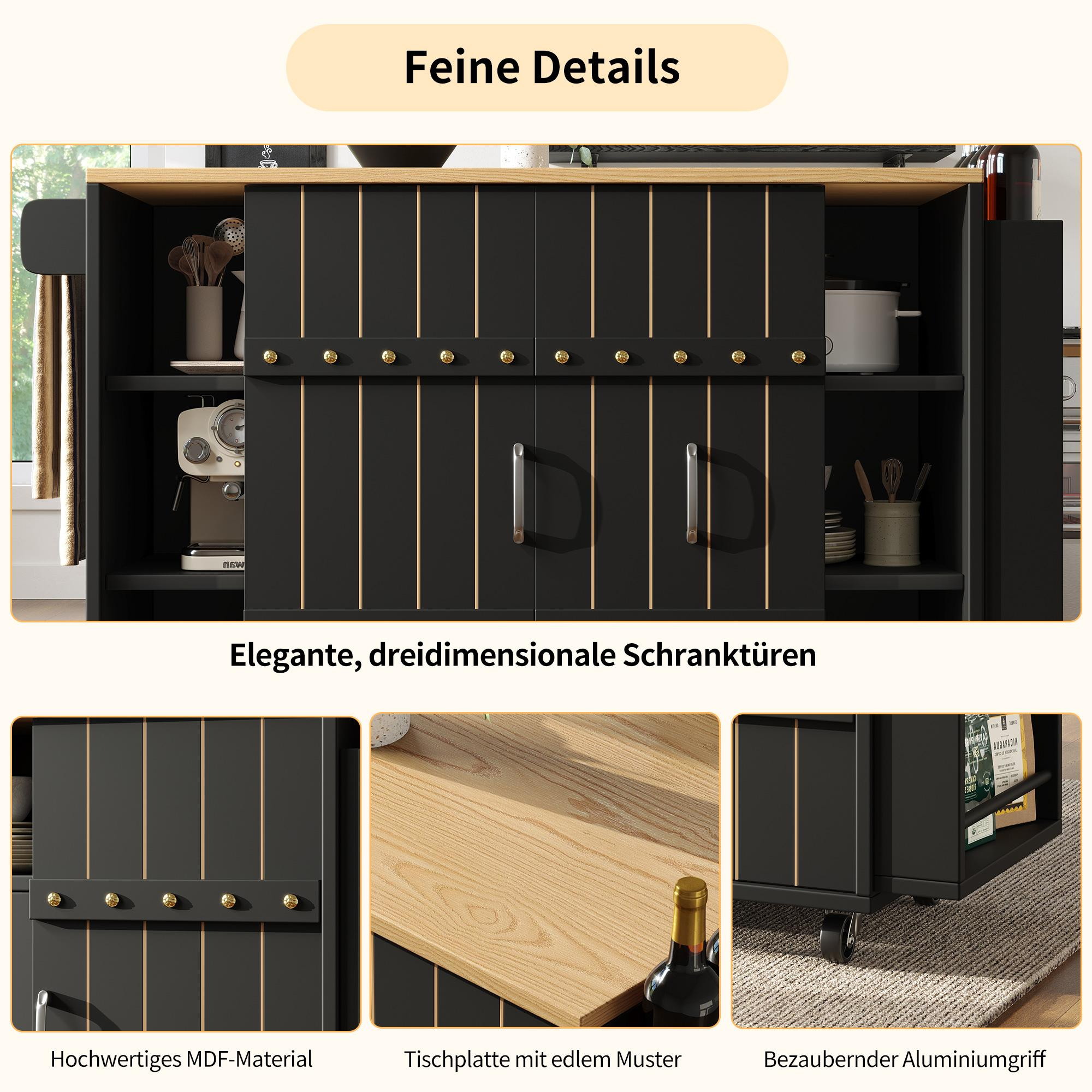 Detaillierte Ansicht einer schwarzen Kücheninsel mit Schranktüren, Holzplatte und Griffen.