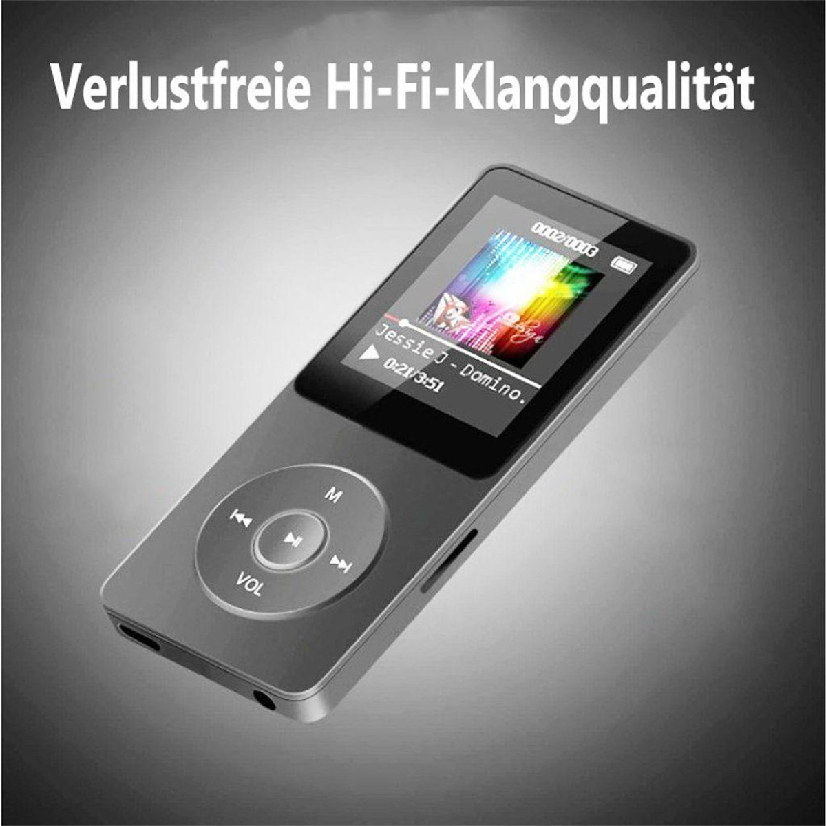 Schwarzer MP3-Player, der Songdetails anzeigt. Der Titel lautet 'Jessie J - Domino'. Das Gerät hat Tasten.