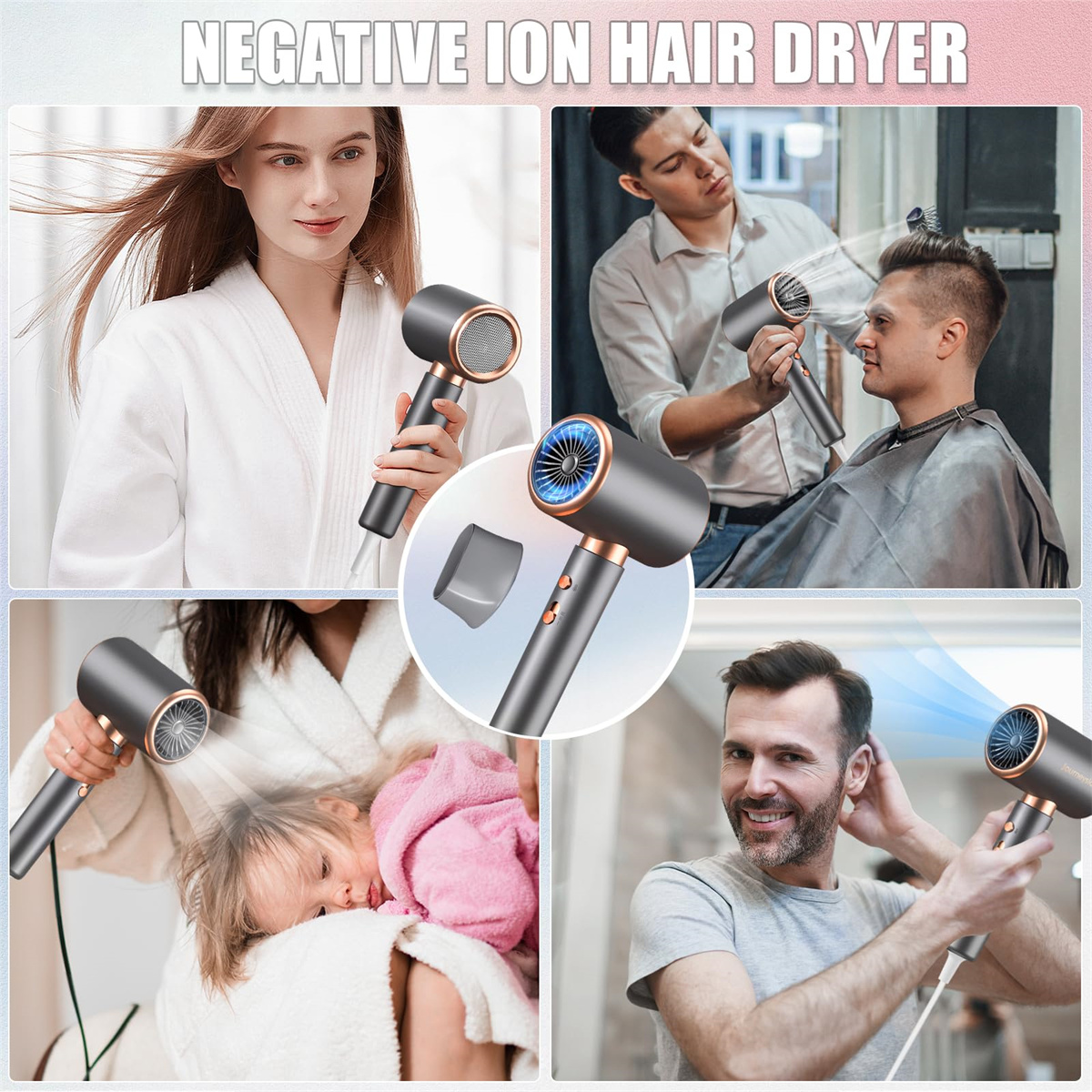 Vier Bilder zeigen Personen, die einen Negativ-Ionen-Haartrockner verwenden. Der Trockner ist grau und gold.