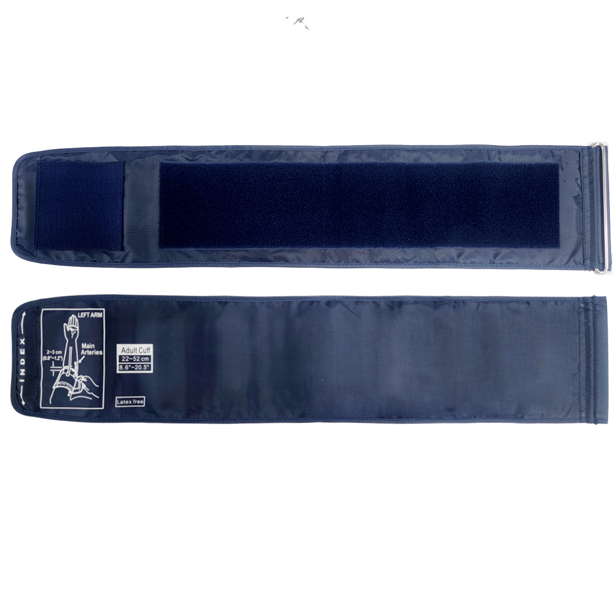 Zwei marineblaue Blutdruckmanschetten, ausgeklappt, liegen auf einer weißen Oberfläche.