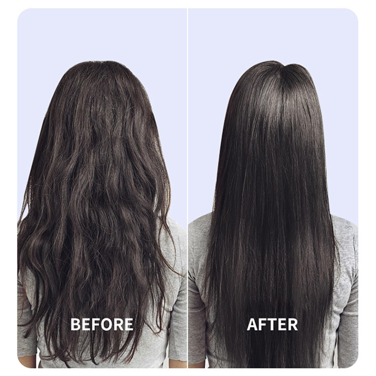 Vorher-Nachher-Vergleich der Haarbehandlung. Links: krauses Haar. Rechts: glattes, glänzendes Haar.