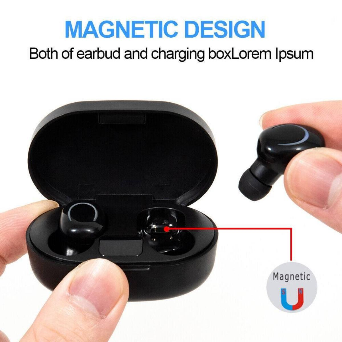 Ohrhörer und Ladeetui. Der Text lautet „Magnetic Design“ und das Symbol „Magnetic U“ ist sichtbar.