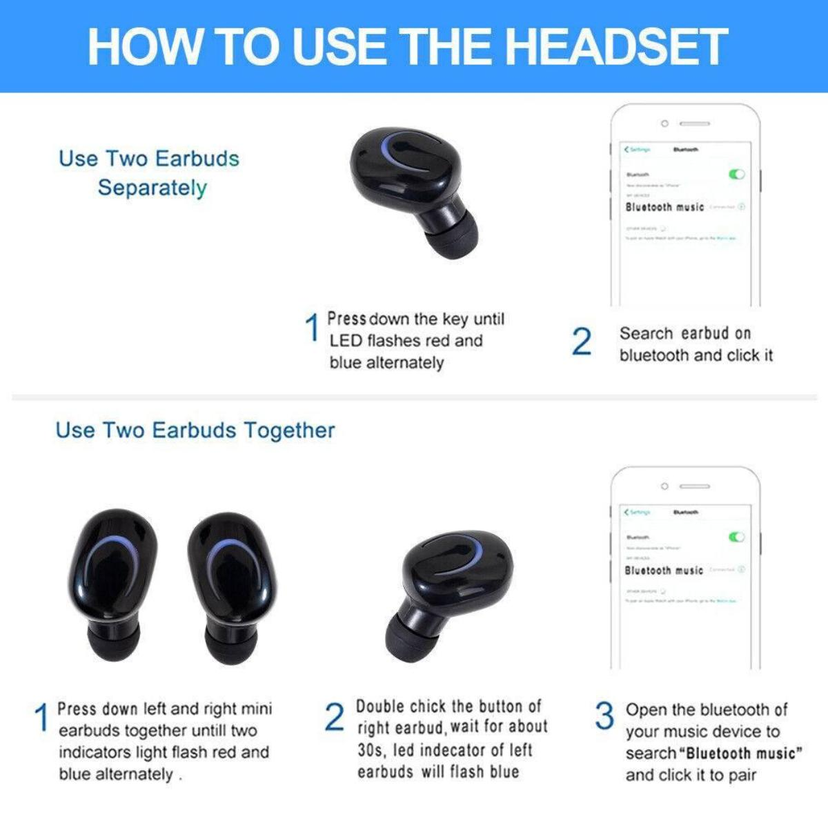 Anweisungen zur Verwendung eines Headsets mit zwei Ohrhörern, die Kopplungs- und Nutzungsschritte mit Diagrammen zeigen.