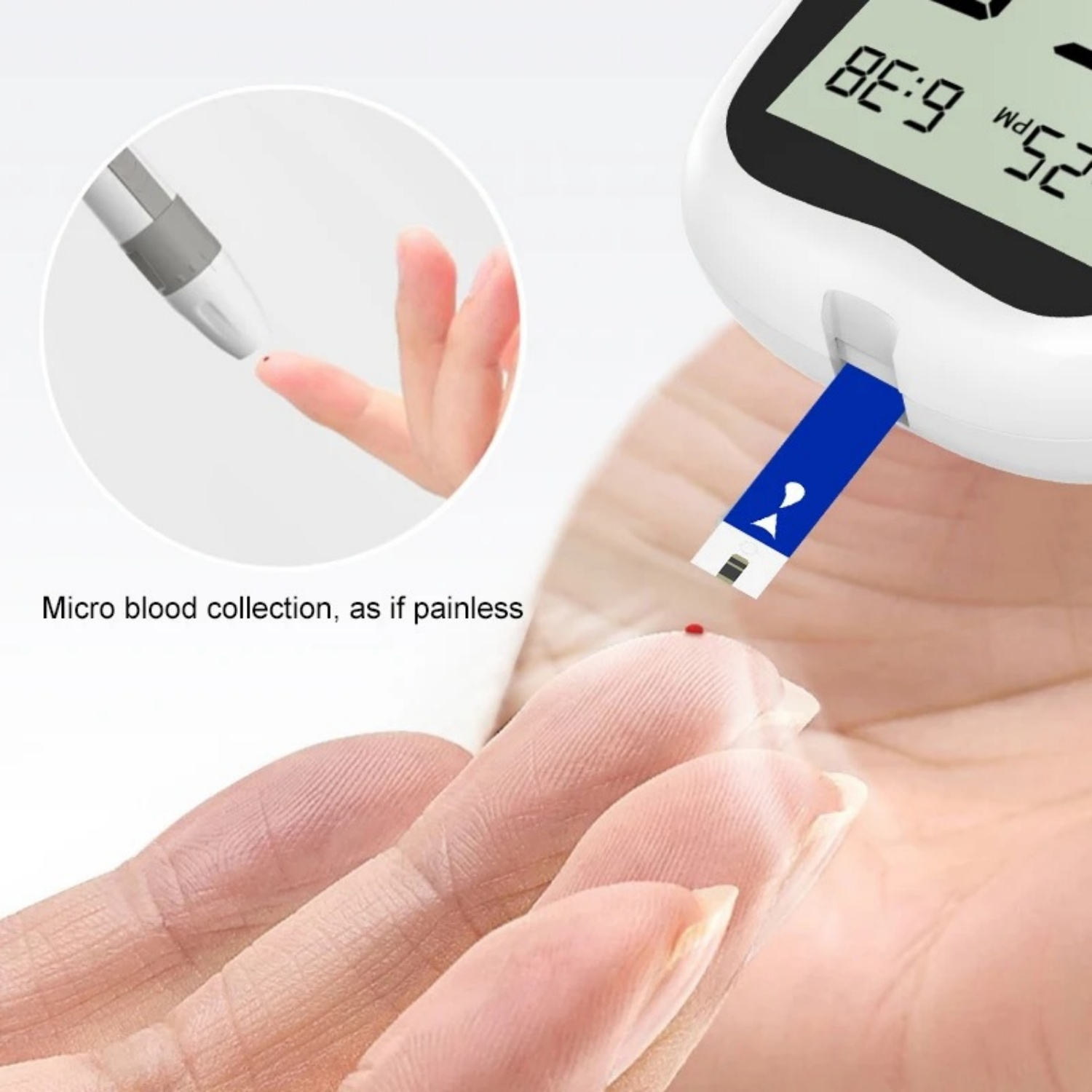 Ein Finger wird für eine Blutprobe gestochen, mit einem Glukosestreifen und einer Hand, die die Mikrosammlung von Blut zeigt.