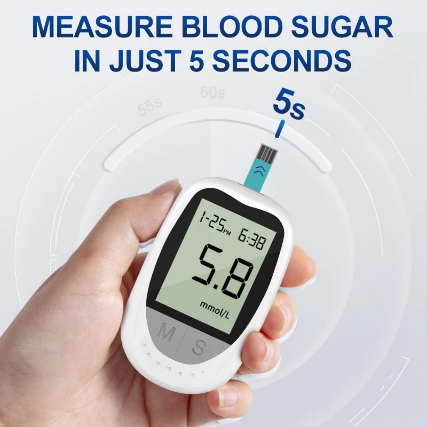 Hand hält Blutzuckermessgerät mit 5,8 mmol/L. Messung dauert 5 Sekunden. Gerät ist weiß und grau.