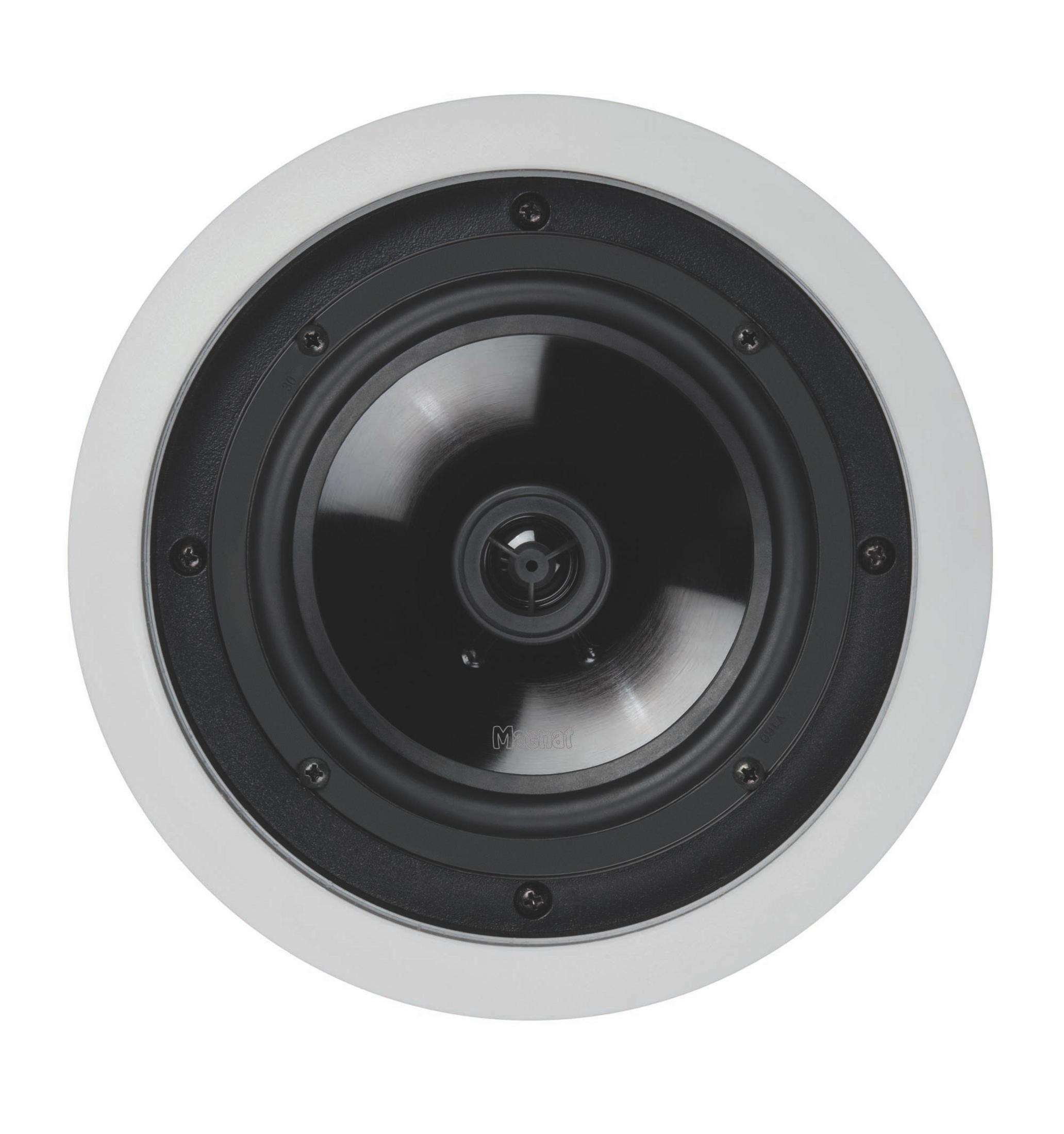 Altoparlante rotondo bianco da incasso a soffitto con centro nero e bordo bianco.