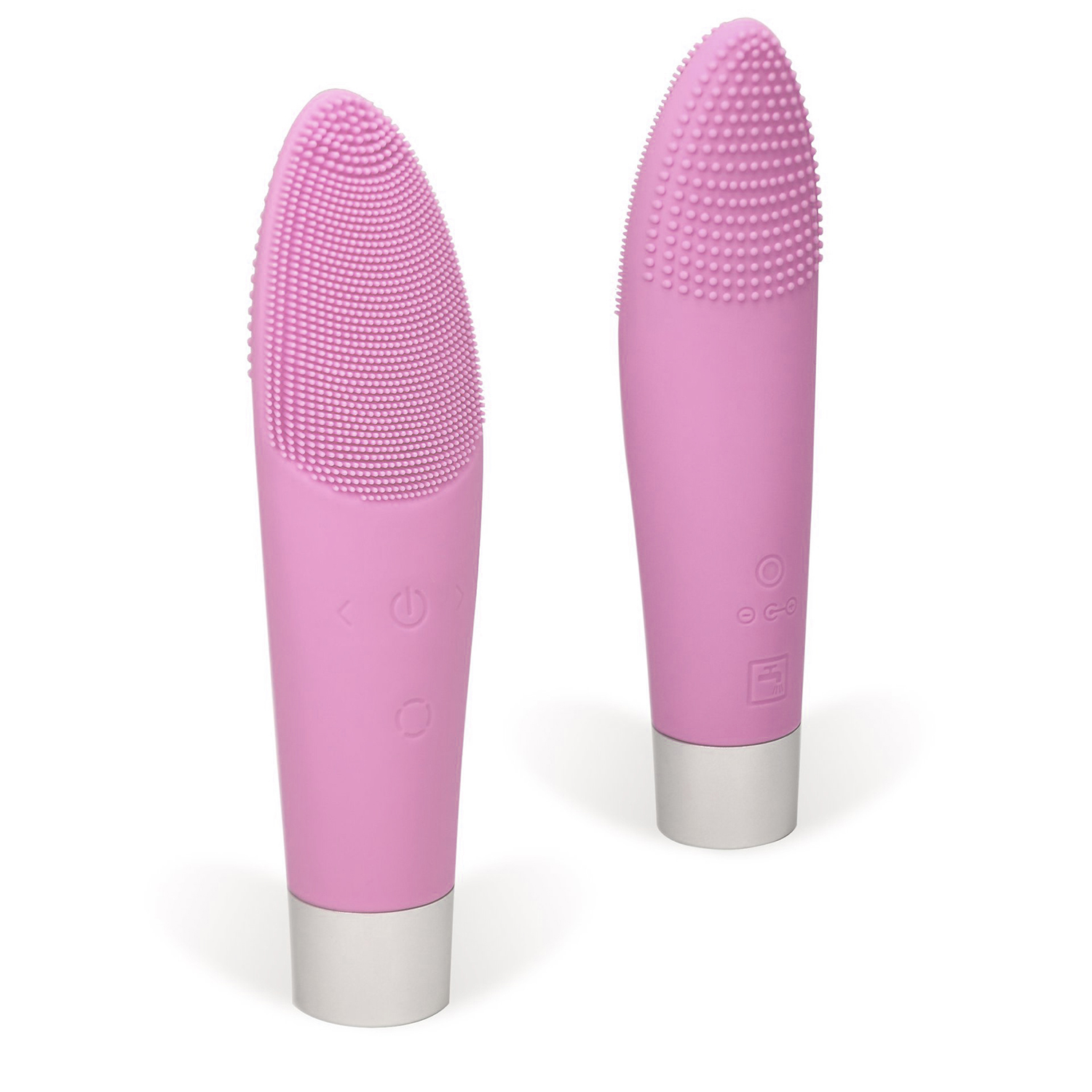 Due spazzole per la pulizia del viso rosa con texture in silicone e base argentata.