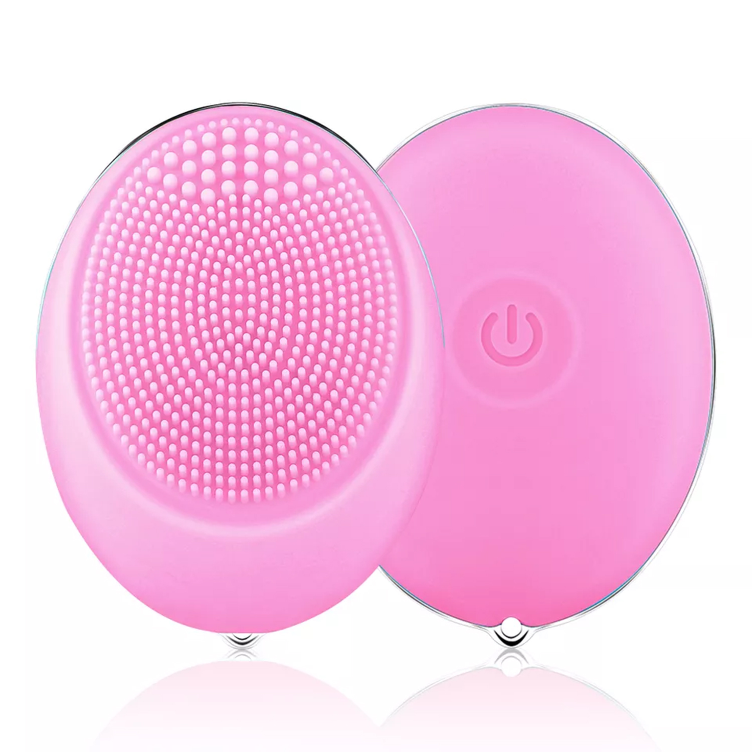 Due spazzole rosa per la pulizia del viso. Una mostra la parte anteriore con le setole, l'altra il retro con un pulsante di accensione.