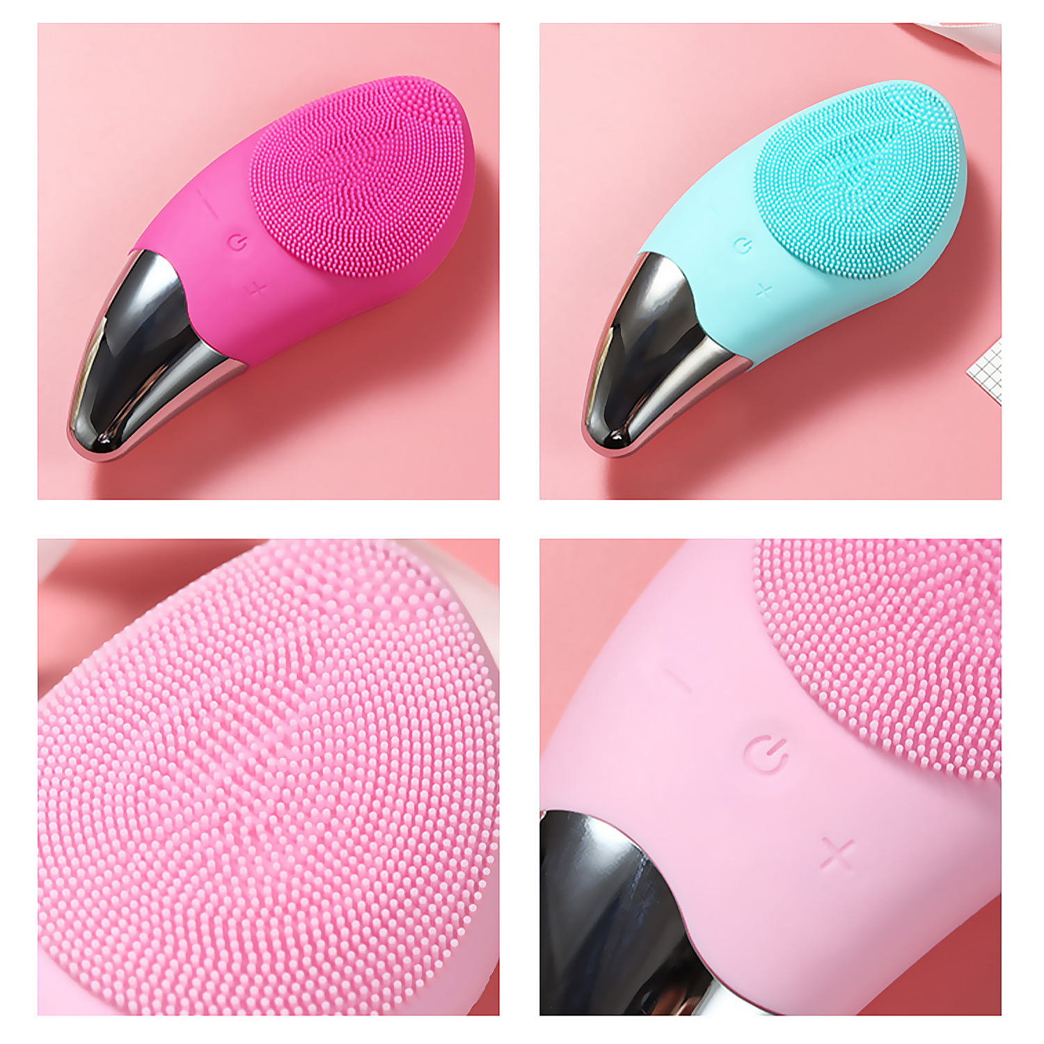 Vier Bilder von Gesichtsreinigungsbürsten. Rosa und blaue Bürsten mit silbernen Akzenten. Weißer Hintergrund.