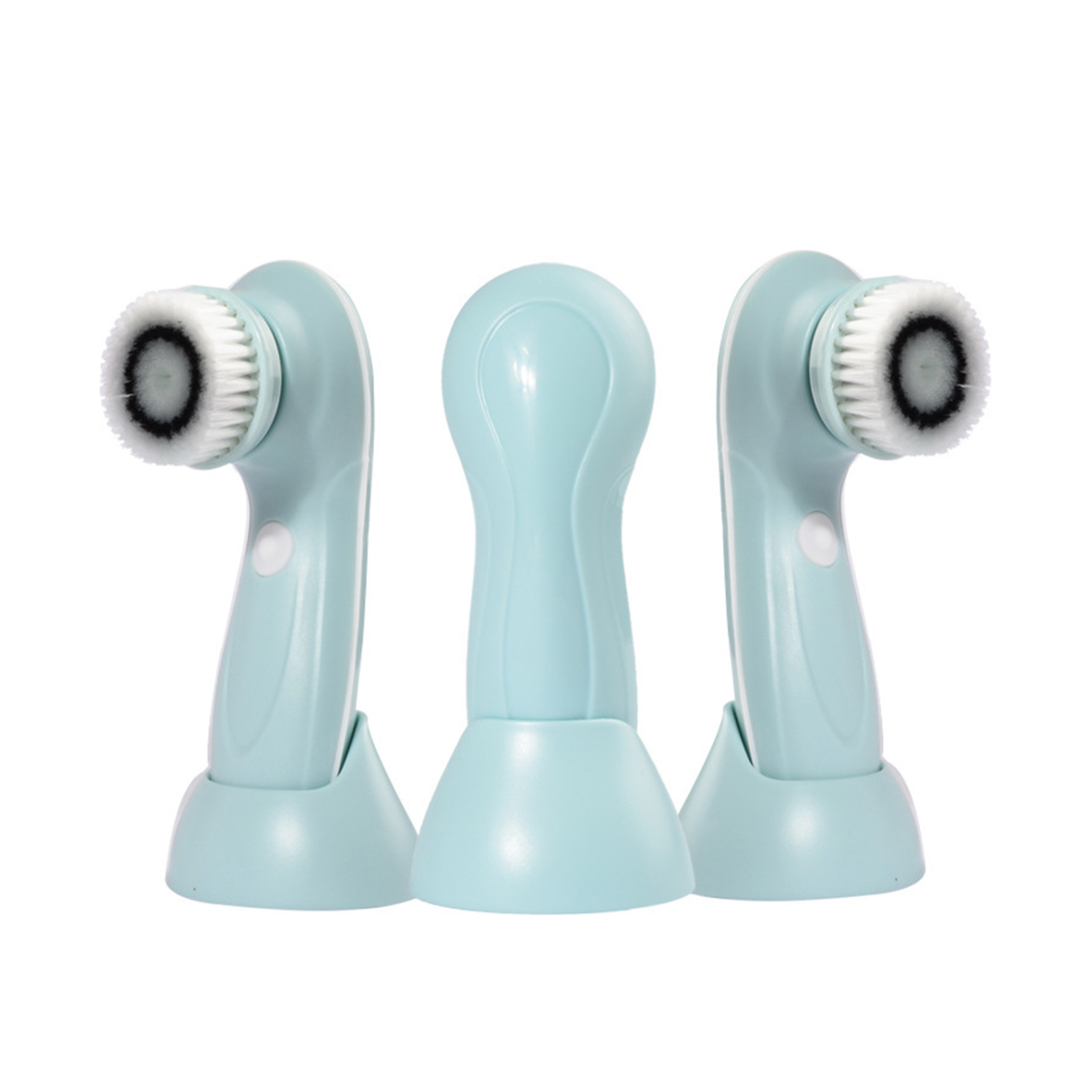 Tres cepillos faciales celeste sobre fondo blanco. Cada cepillo tiene cabeza y cerdas blancas.
