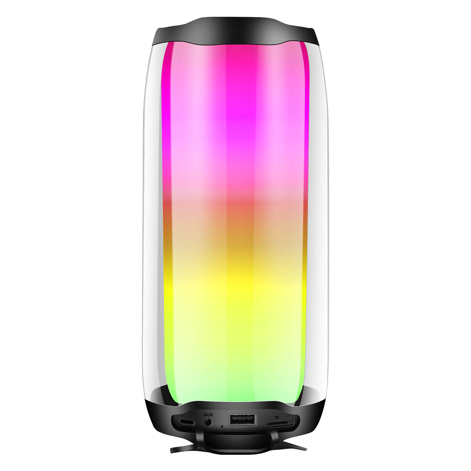 Une enceinte LED colorée avec un corps transparent, affichant des couleurs vives.