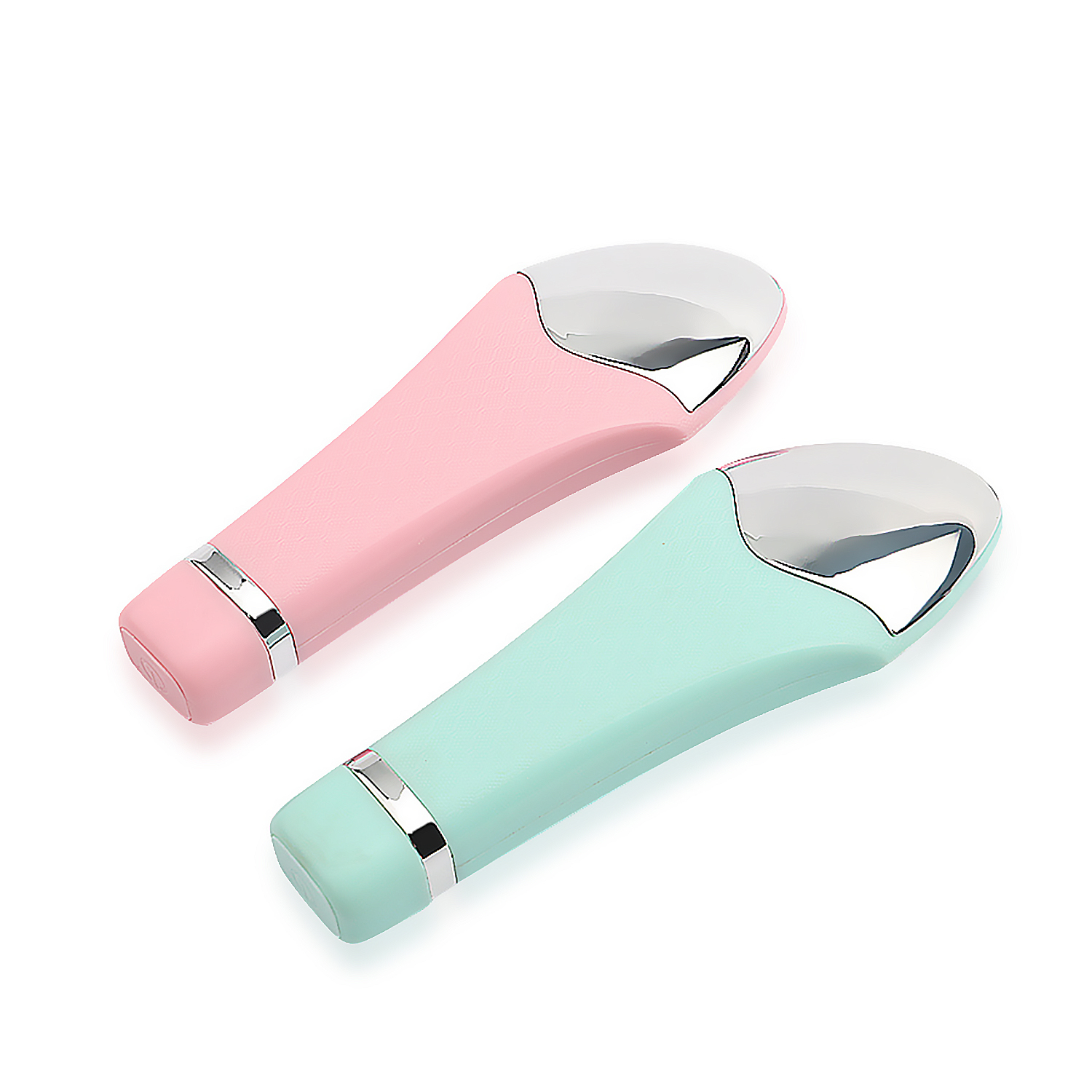 Due massaggiatori per il viso, rosa e verde acqua, con dettagli argentati, su sfondo bianco.