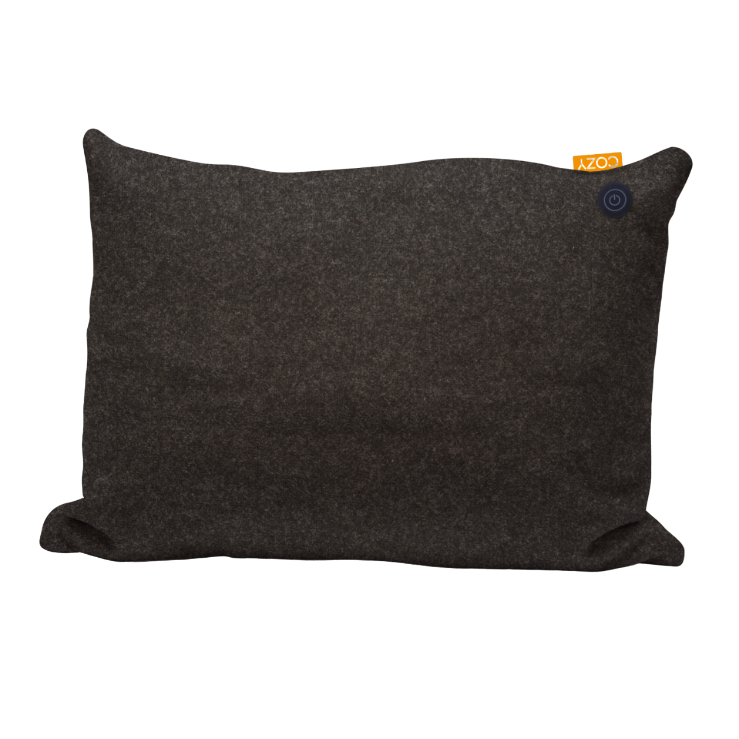 Ciemnoszara poduszka z pomarańczową metką i niebieskim guzikiem, na czarnym tle.