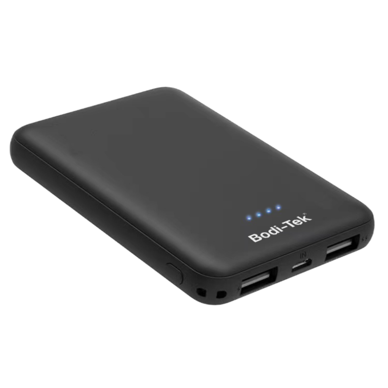 Czarny power bank z czterema niebieskimi lampkami kontrolnymi i portami USB. Marka to 'Bodi-Tek'.