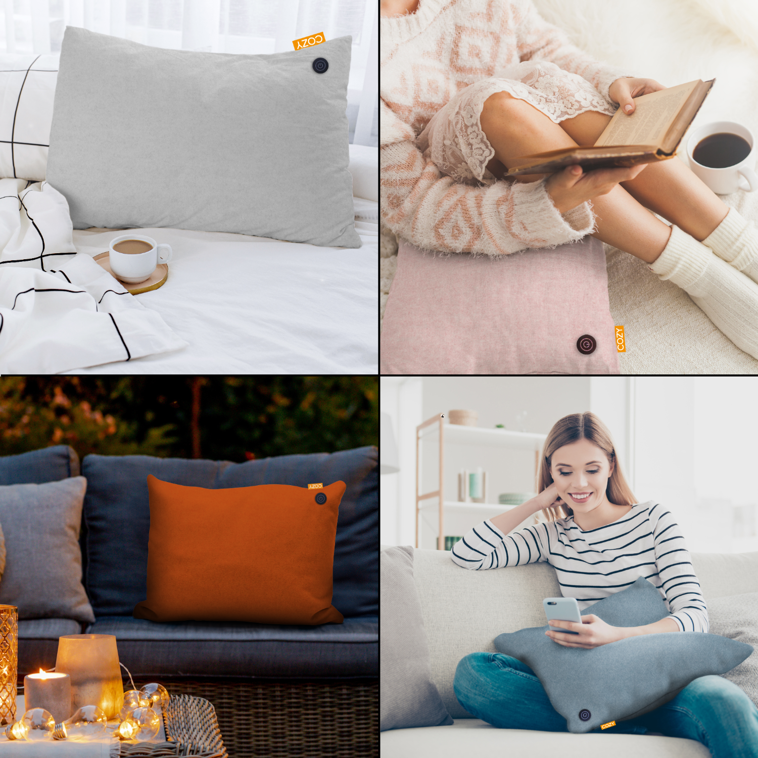 Cztery zdjęcia z poduszkami. Widoczna szara, pomarańczowa i dwie różowe poduszki.
