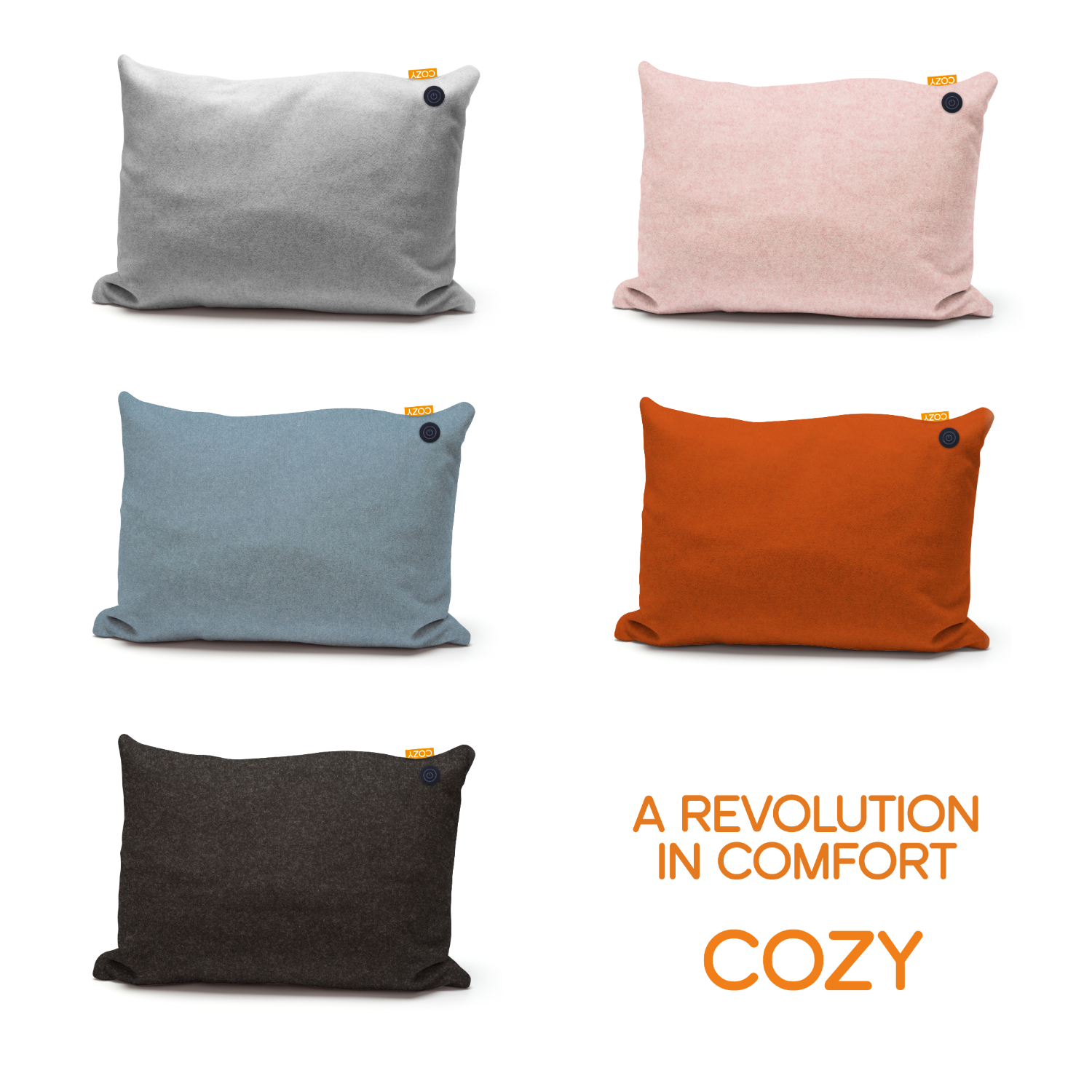 Sześć poduszek, w różnych kolorach, z przyciskiem zasilania i pomarańczową etykietą 'COZY'. Tekst mówi 'A REVOLUTION IN COMFORT'.