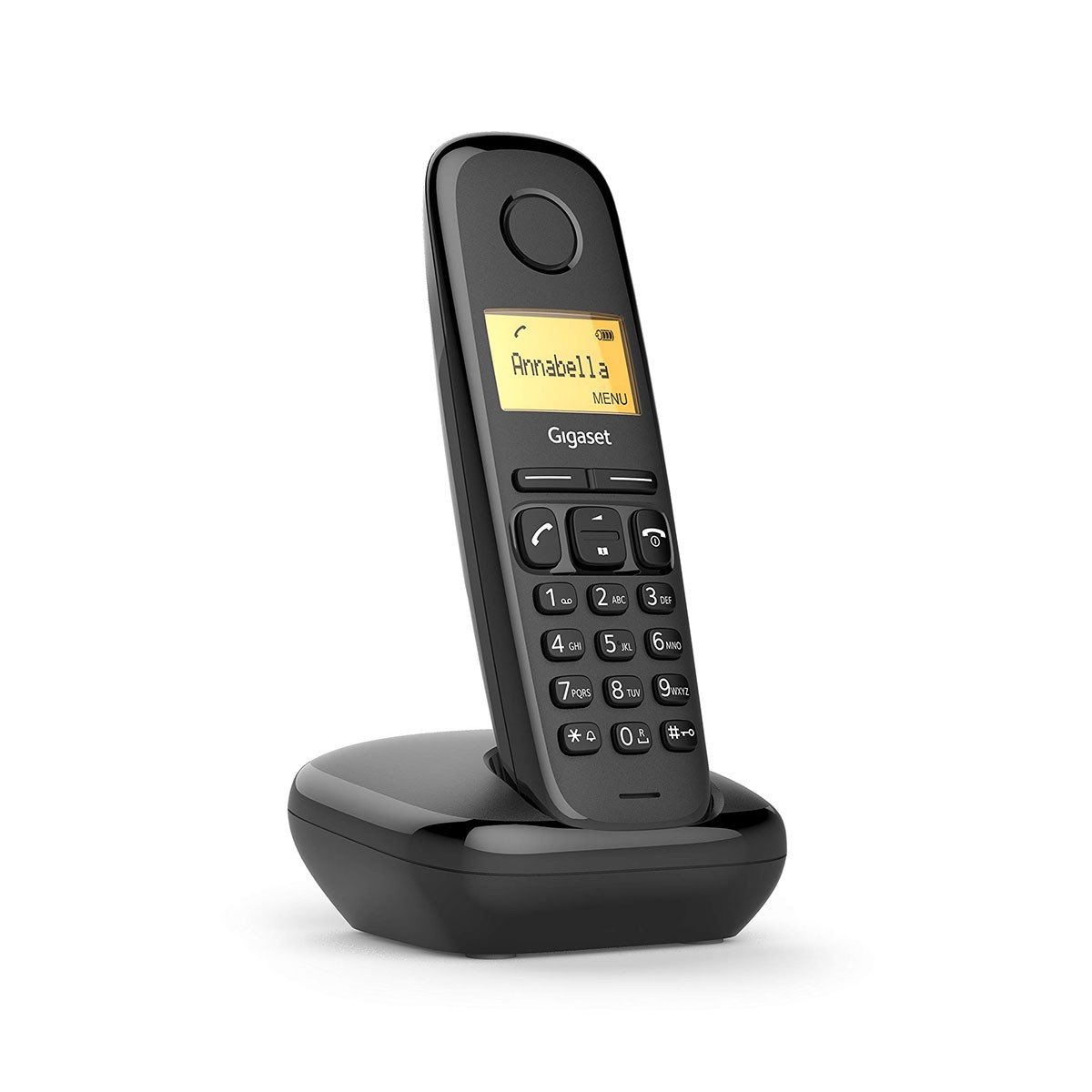Schwarzes schnurloses Telefon mit Basis, Bildschirm zeigt Kontakt 'Annabella'. Weißer Hintergrund.