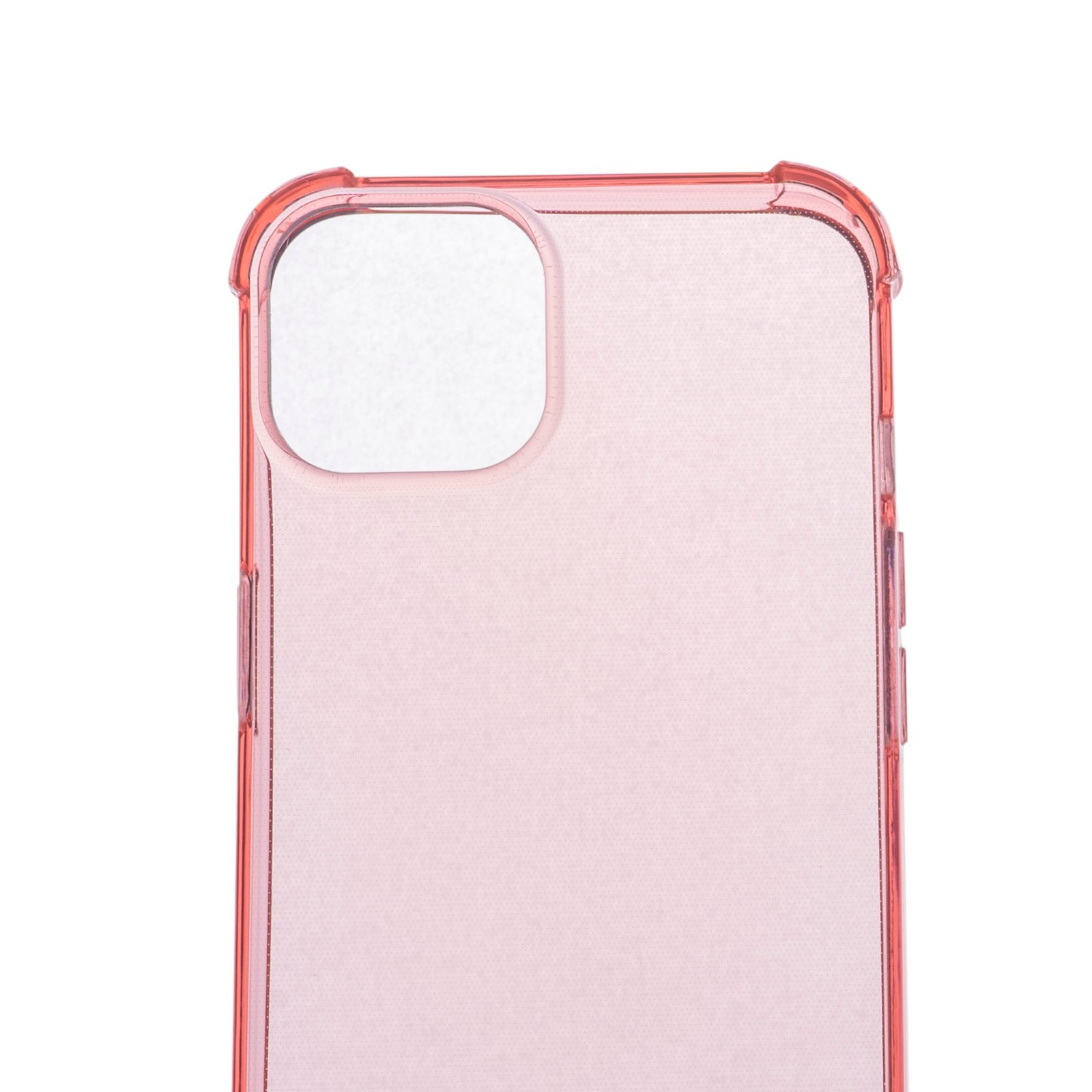 Primer plano de una funda de teléfono rosa con un recorte para la cámara. Es transparente.