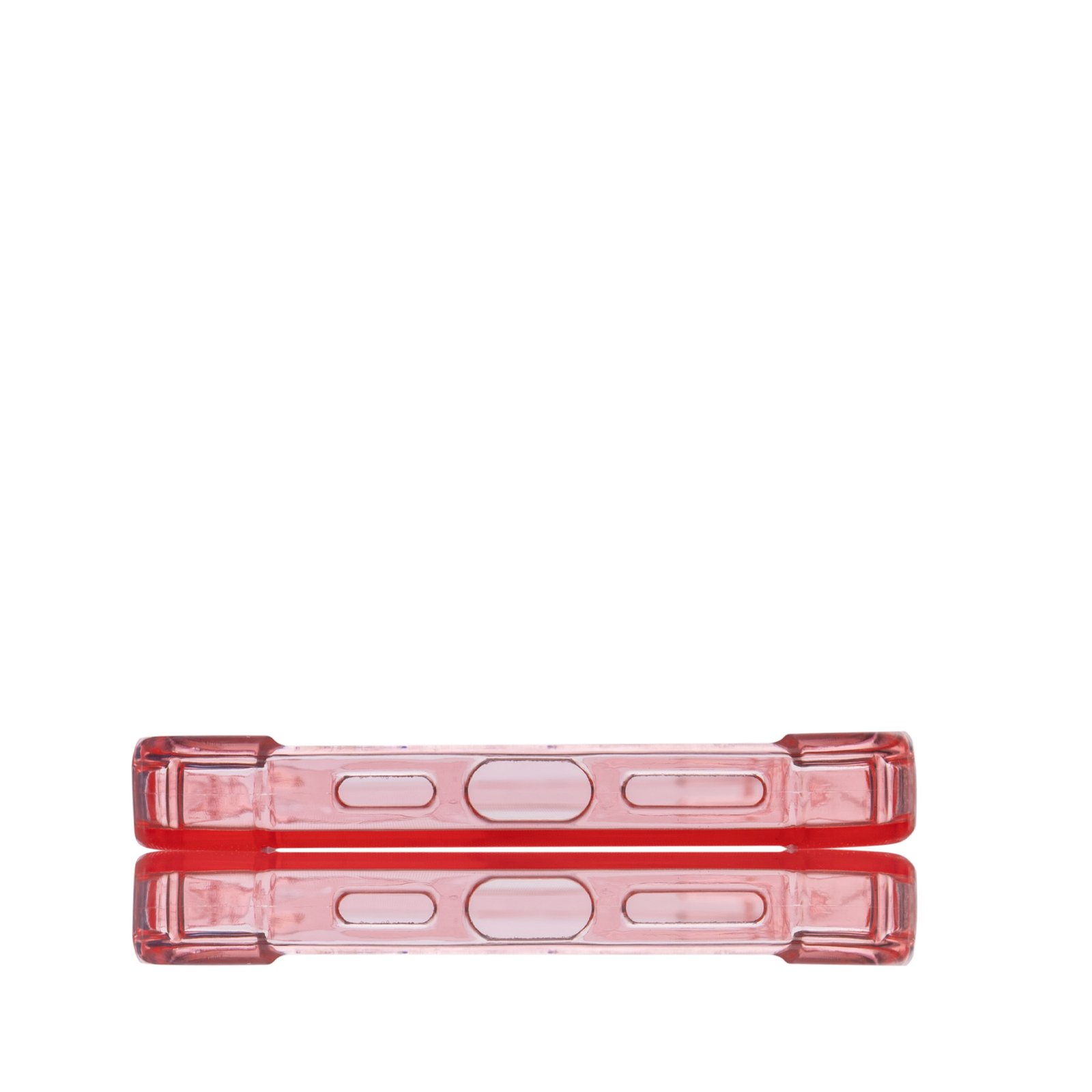 Funda de teléfono rosa, vista desde abajo. La funda es transparente y tiene orificios.