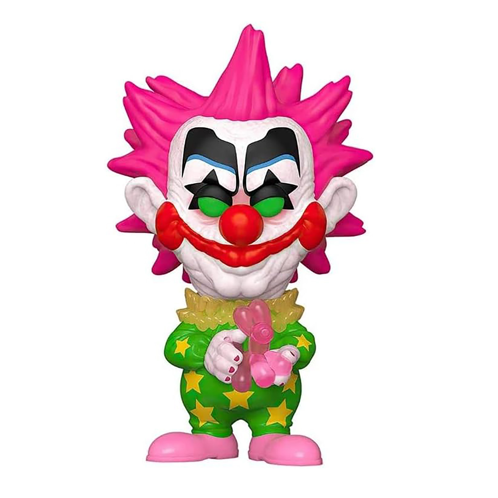 Eine Clown-Figur mit pinkfarbenem Haar und einem grünen Outfit. Er hält einen rosa Ballon.