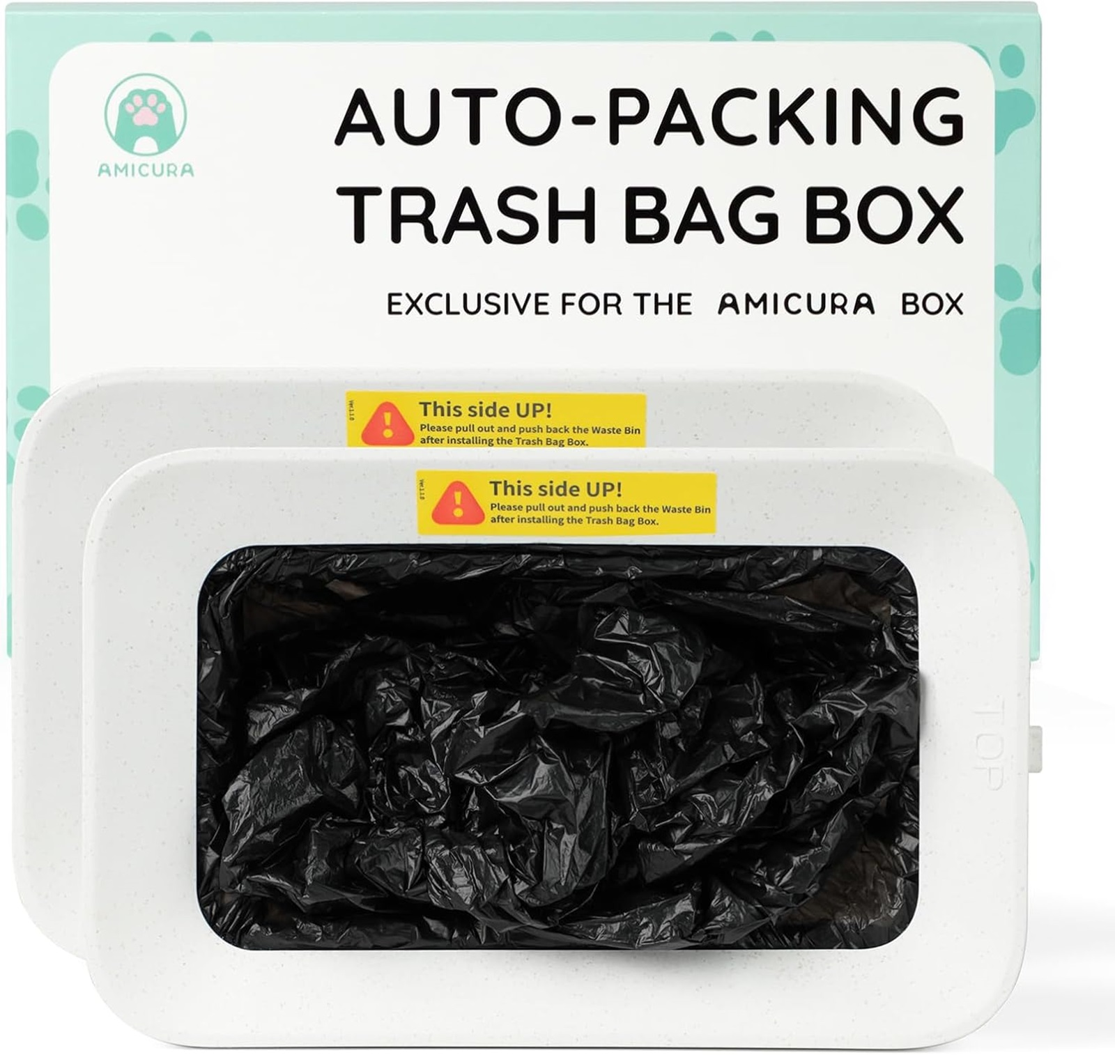 Weiße rechteckige Müllsackbox. Zwei Boxen sind auf dem Bild, mit einem schwarzen Müllsack darin.
