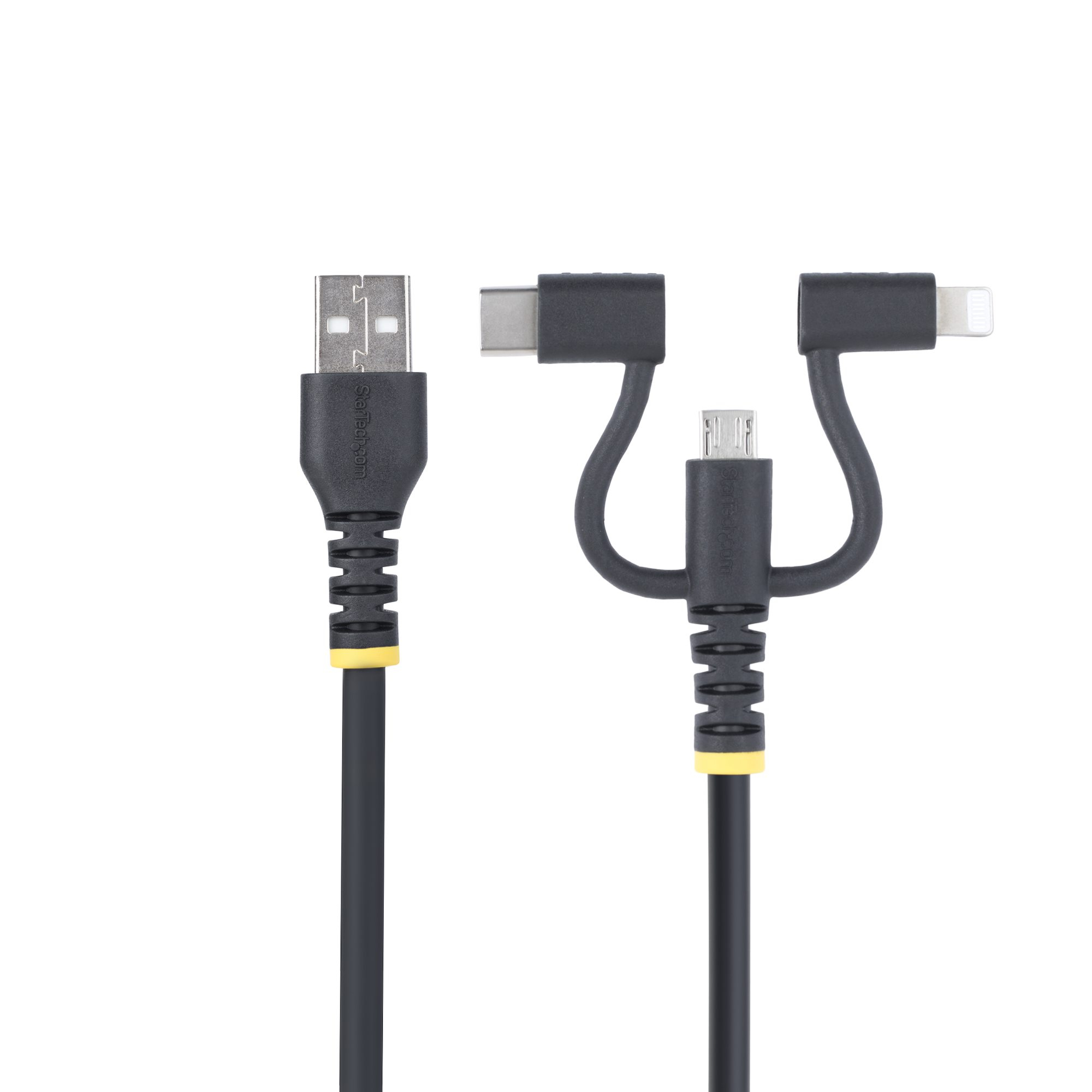 Cavo di ricarica nero con connettori USB, Type-C, micro-USB e Lightning, accento giallo, sfondo bianco.