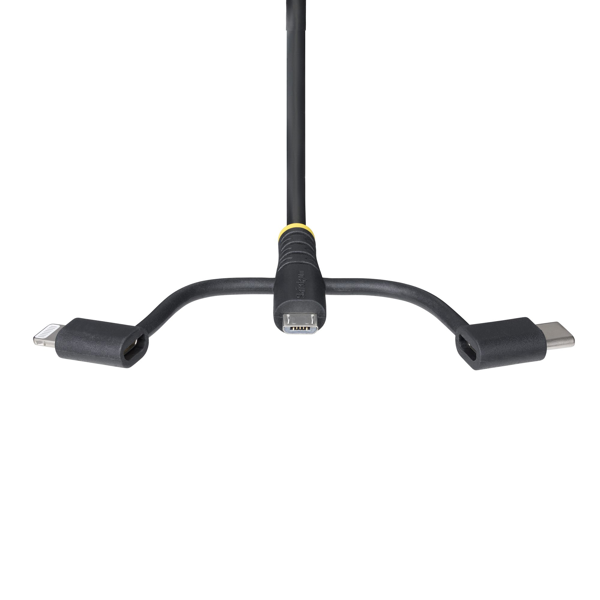 Cavo di ricarica nero con connettori USB, Type-C, micro-USB e Lightning, sfondo bianco.