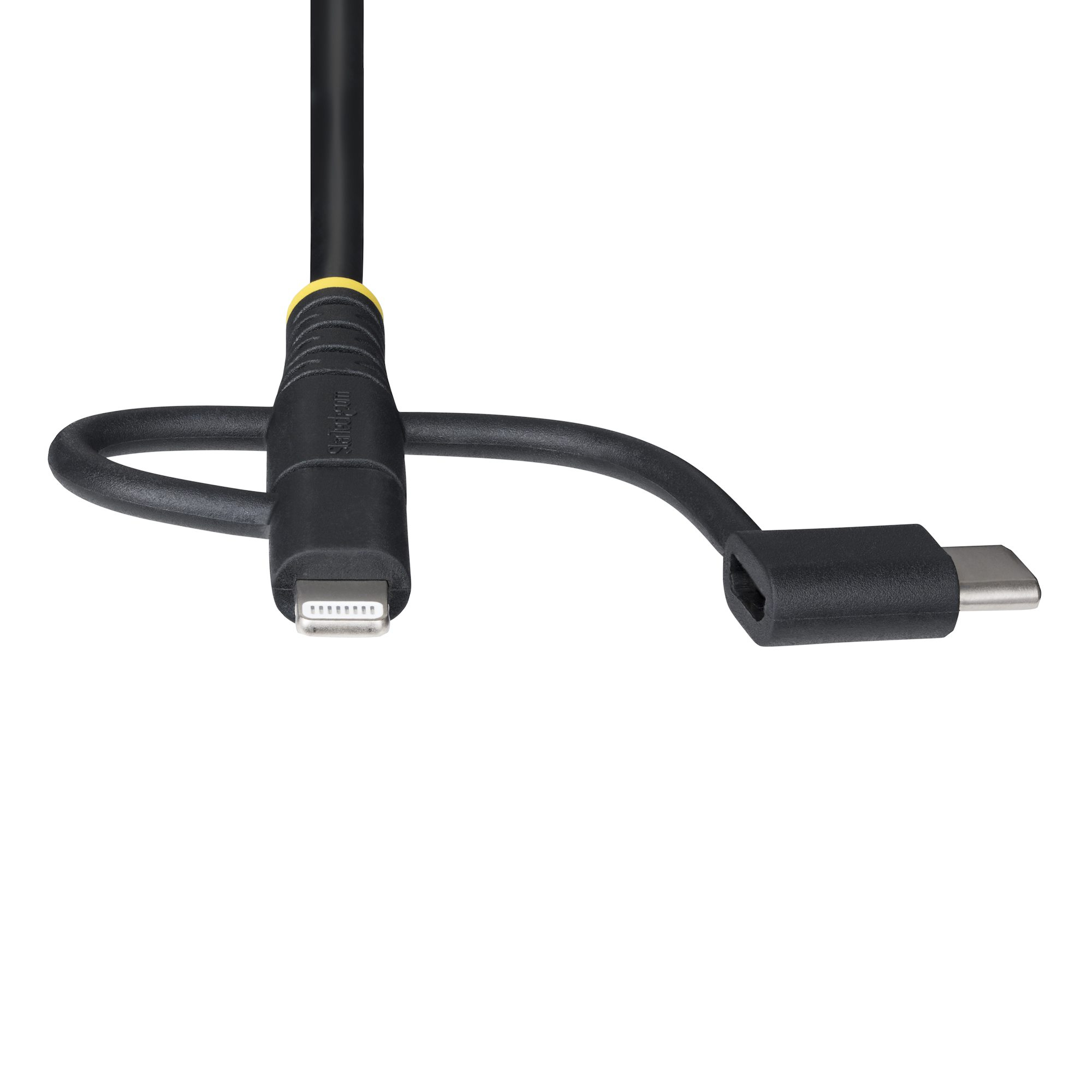 Cavo nero con connettori USB-A, Lightning e USB-C.