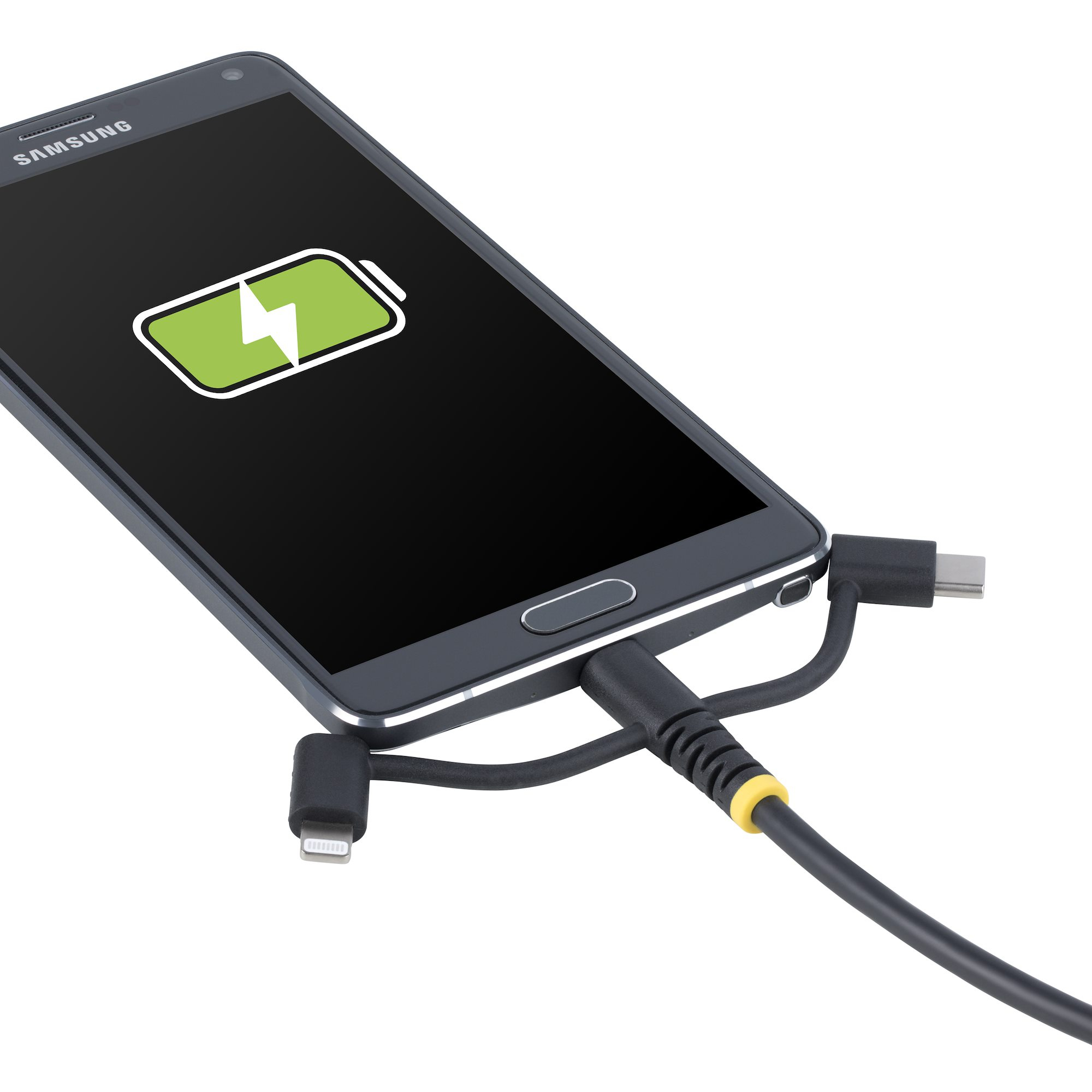 Cavo nero collegato a un telefono in carica, con icona della batteria visualizzata.