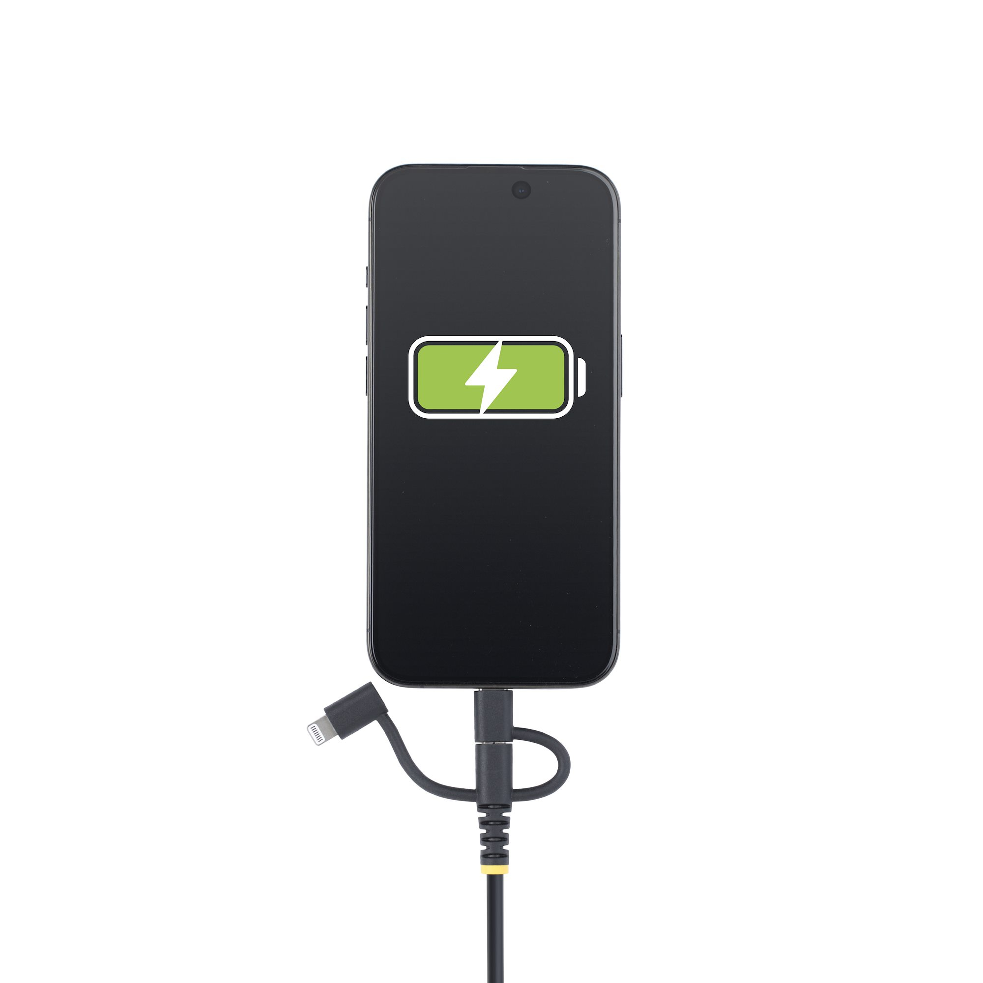 Telefono nero in carica con un cavo, icona della batteria verde sullo schermo.