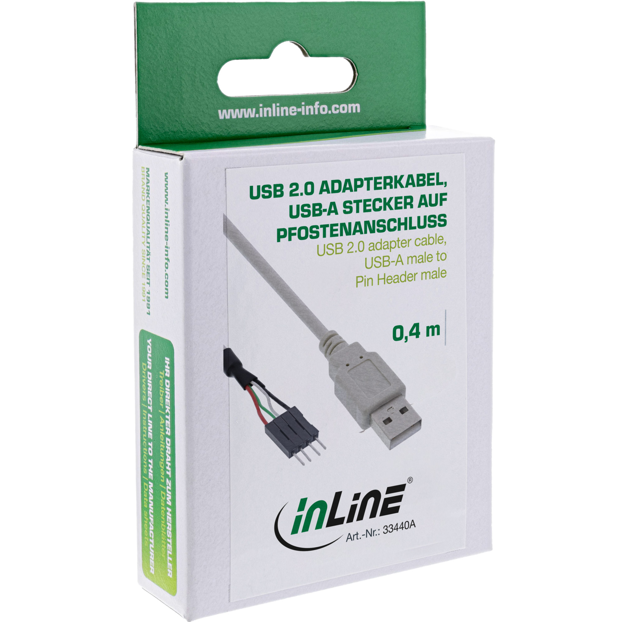Una scatola bianca con un cavo adattatore USB all'interno. Testo: 'Cavo adattatore USB 2.0' e logo 'inLine'.