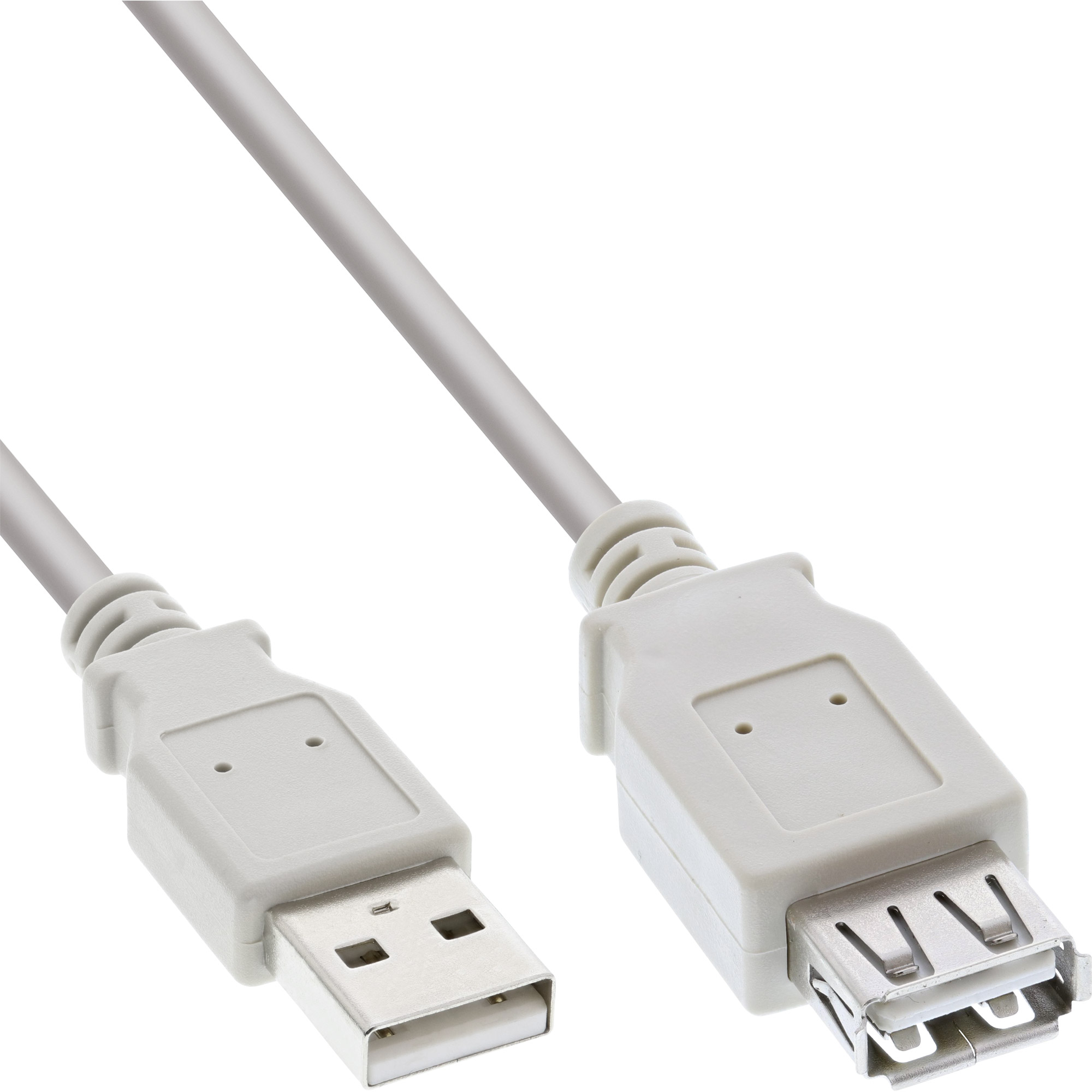 Un cavo USB bianco con connettore USB-A e USB-B. Il cavo è su sfondo bianco.