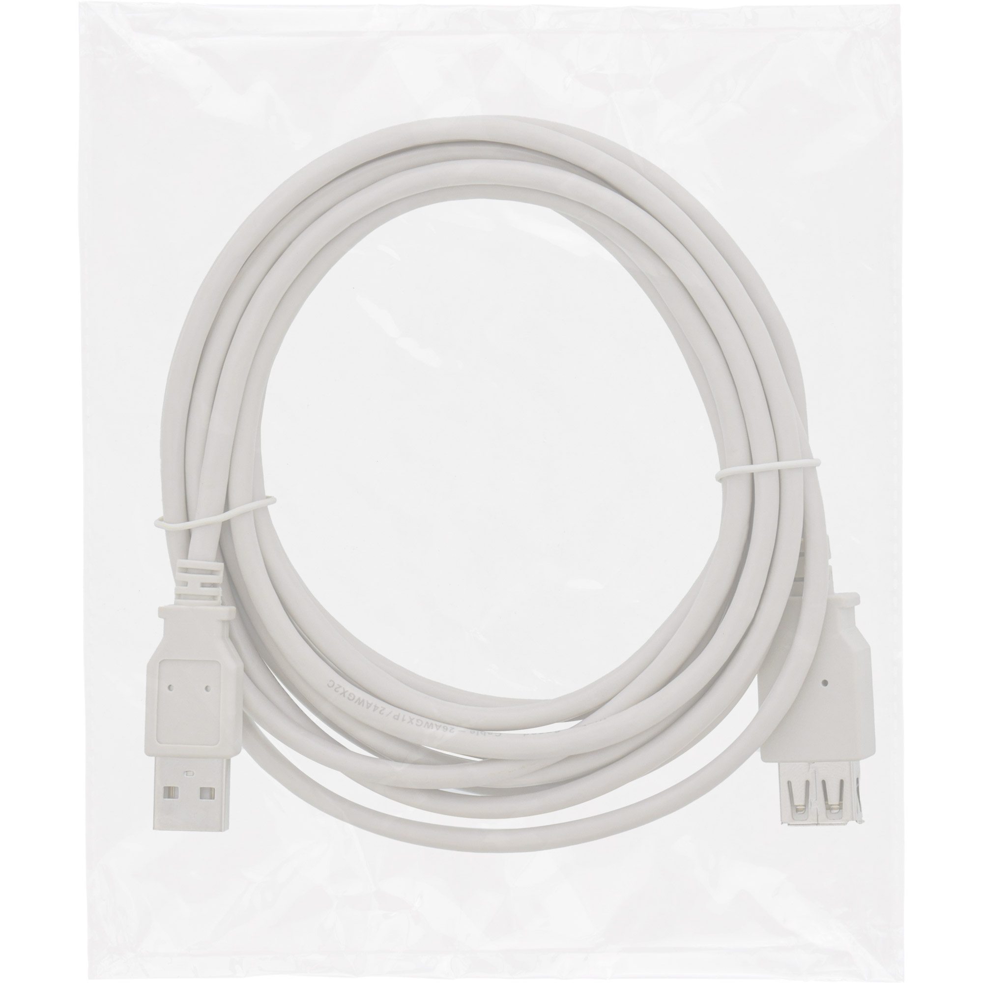 Un cavo USB in una busta di plastica trasparente. Il cavo è bianco con connettori USB-A su ciascuna estremità.