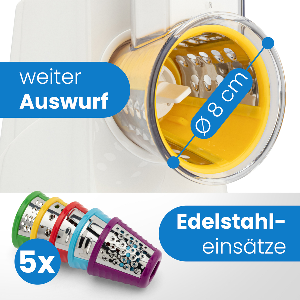 Zbliżenie robota kuchennego z wymiennymi tarkami. Tekst: „Wkładki ze stali nierdzewnej”, średnica „8 cm”.