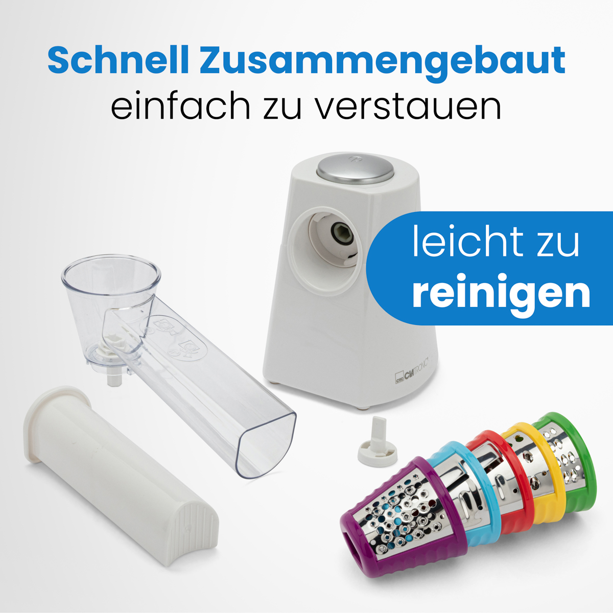Biały robot kuchenny z częściami i ostrzami w różnych kolorach. Tekst: łatwy do czyszczenia, szybki montaż.