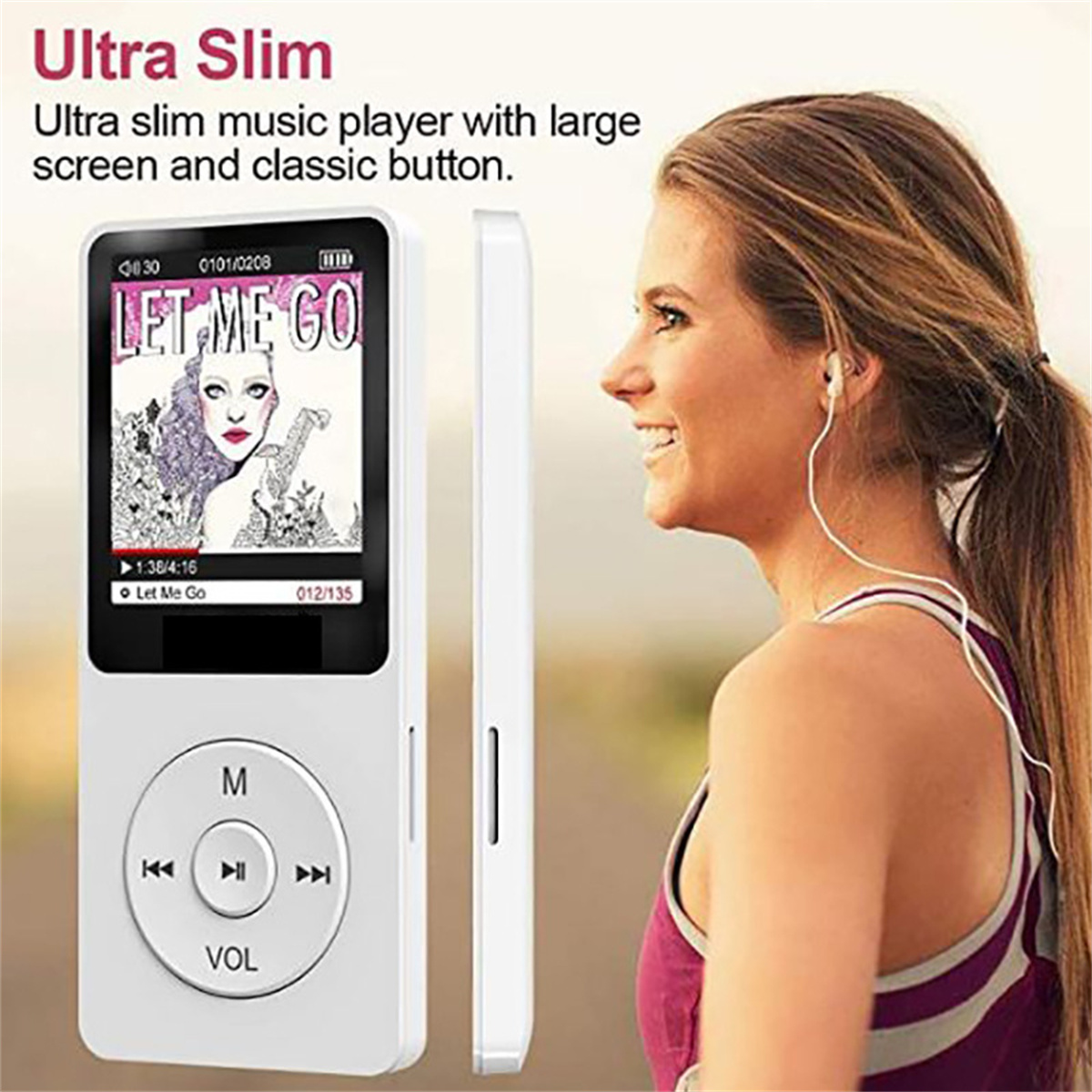 Frau hört Musik mit einem weißen MP3-Player. Text: Ultraschlanker Musikplayer mit Bildschirm und Taste.