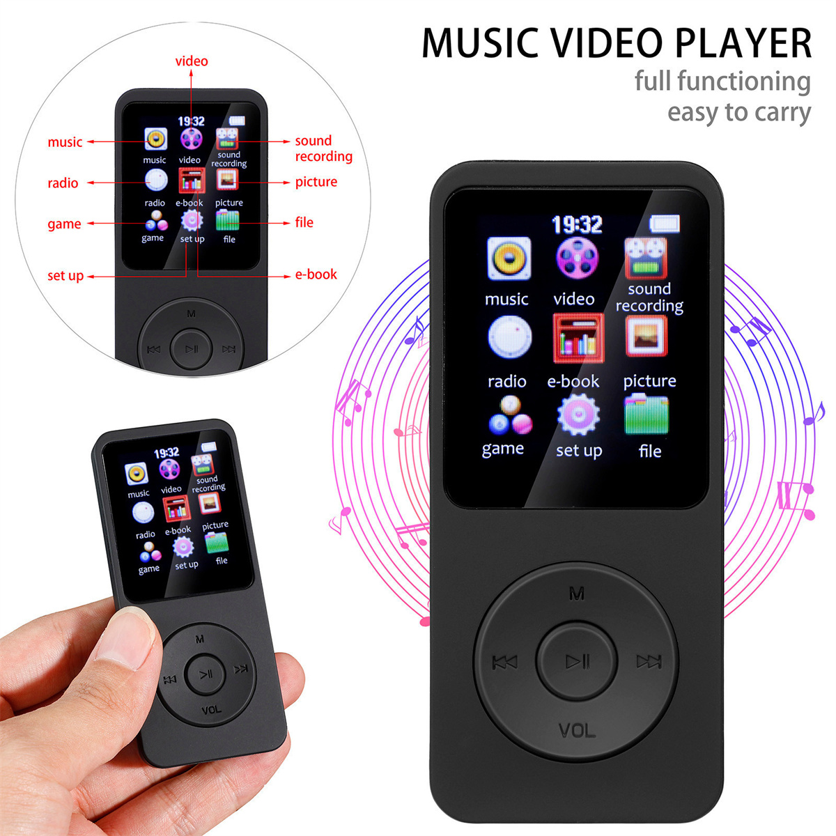 Schwarzer MP3-Player mit Touchscreen. Zeigt Musikoptionen an. Hand, die eine kleinere Version hält. Text: Musik-Videoplayer.
