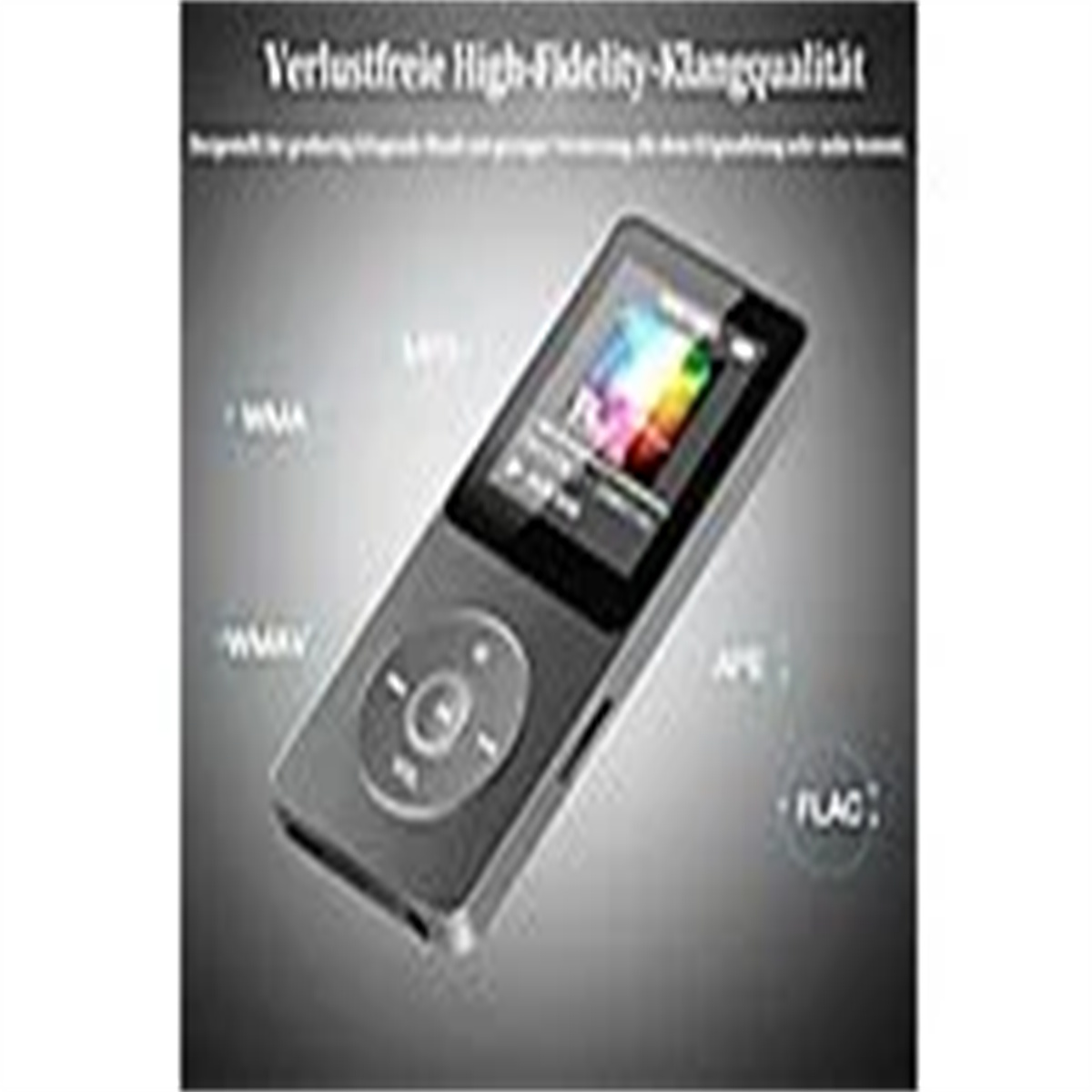 Schwarzer MP3-Player mit Farbbildschirm. Der Bildschirm zeigt ein farbenfrohes Bild. Text: High-Fidelity-Sound.
