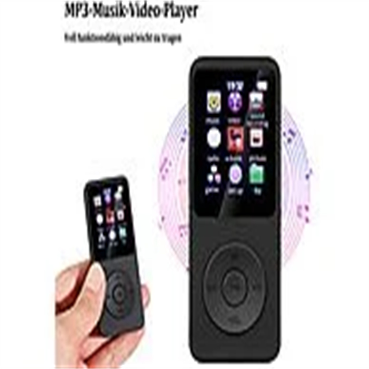 Schwarzer MP3-Player mit Farbbildschirm. Hand hält eine kleinere Version. Text: MP3-Musik-Videoplayer.