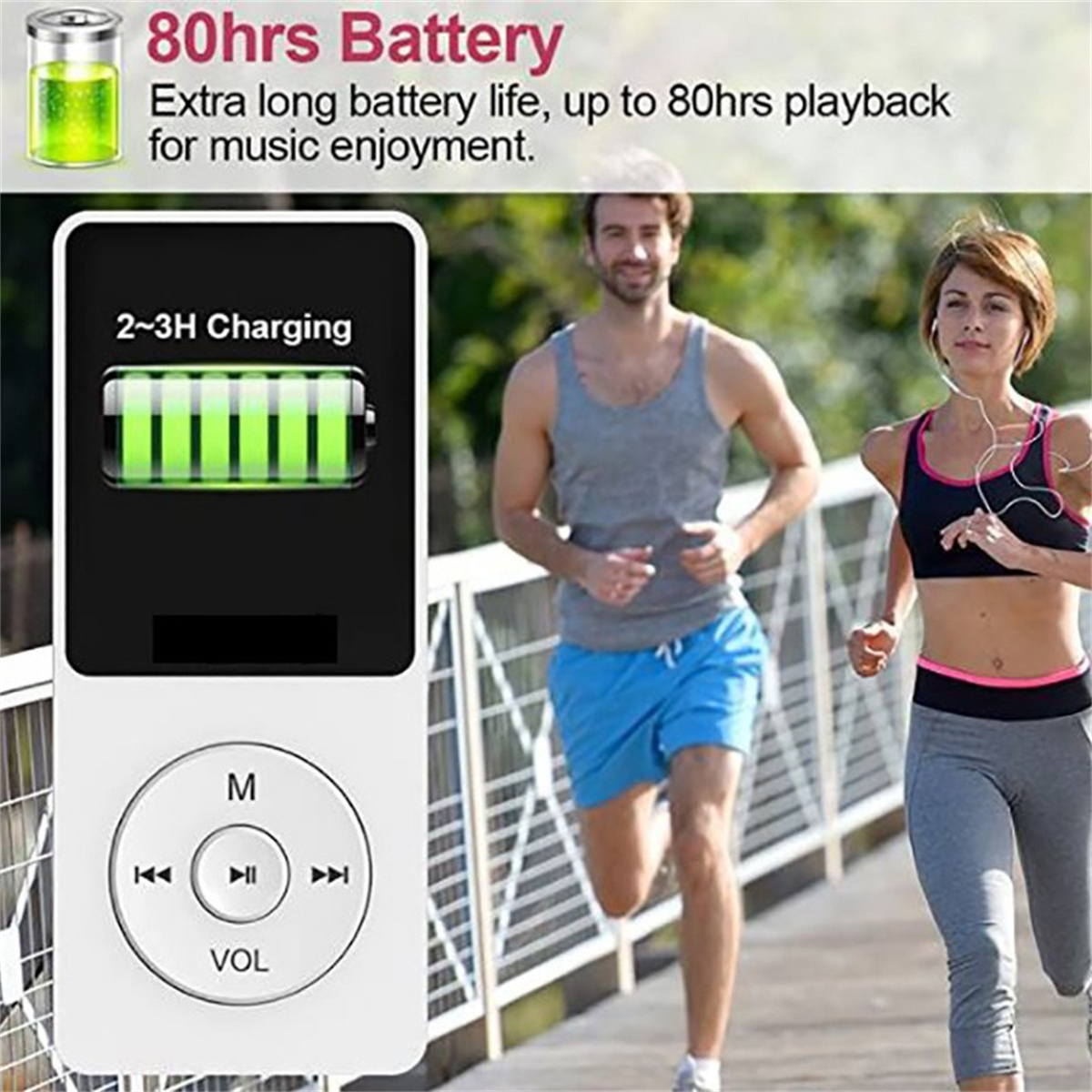 Zwei Personen laufen auf einer Brücke, eine mit einem MP3-Player. Text: 80 Stunden Akku. Extra lange Akkulaufzeit.