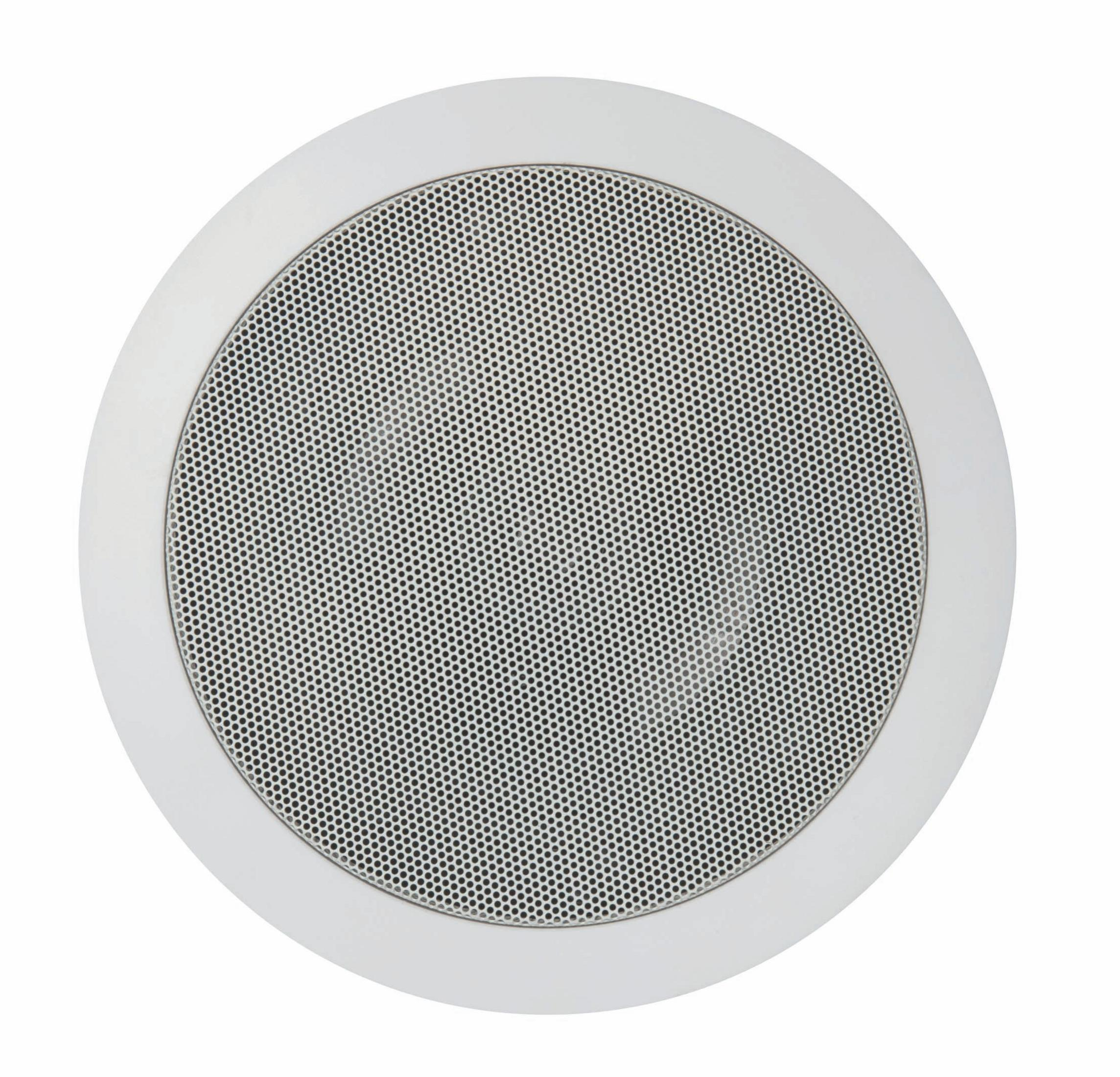 Altoparlante da soffitto bianco con forma circolare e griglia a rete.