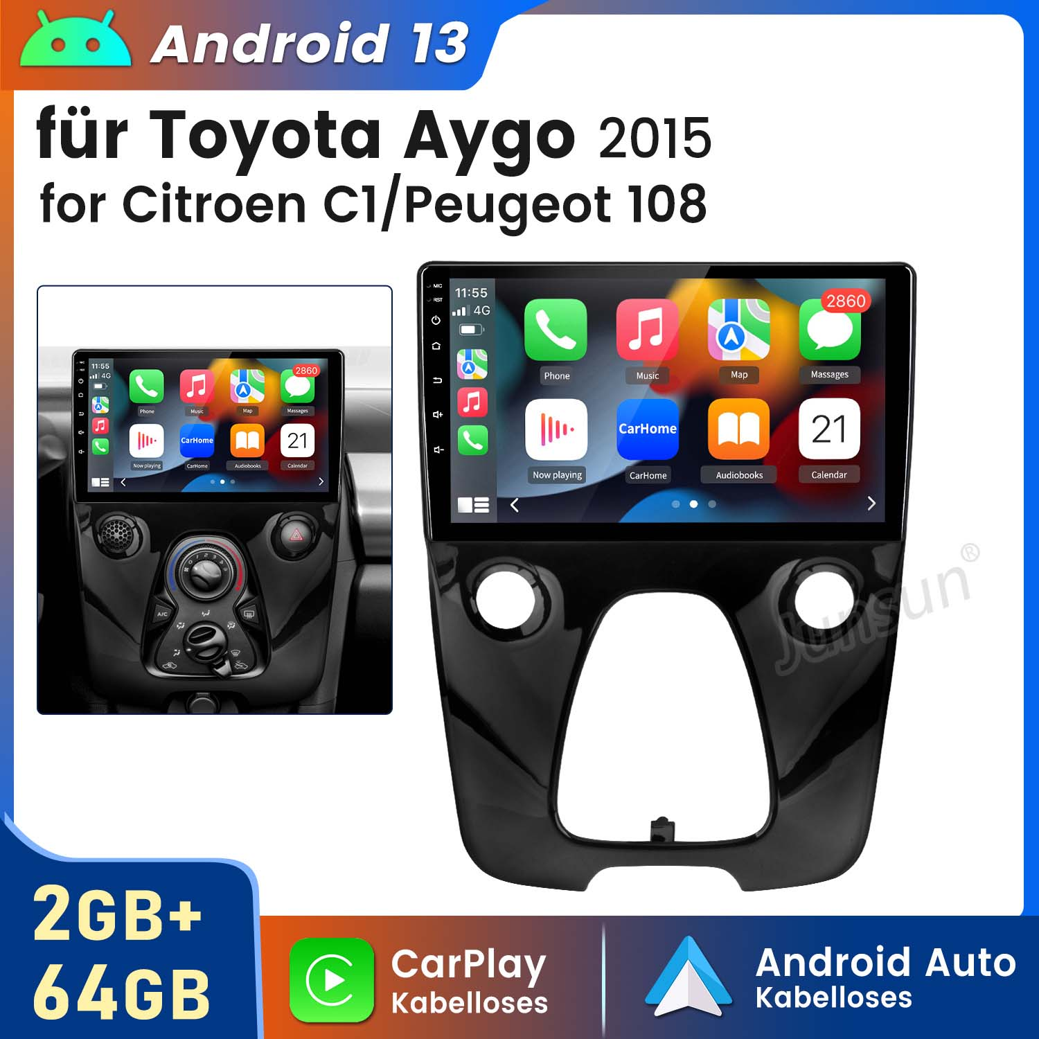 Auto-Dashboard-Bildschirm mit Android 13, App-Symbolen und einem schwarzen Rahmen.