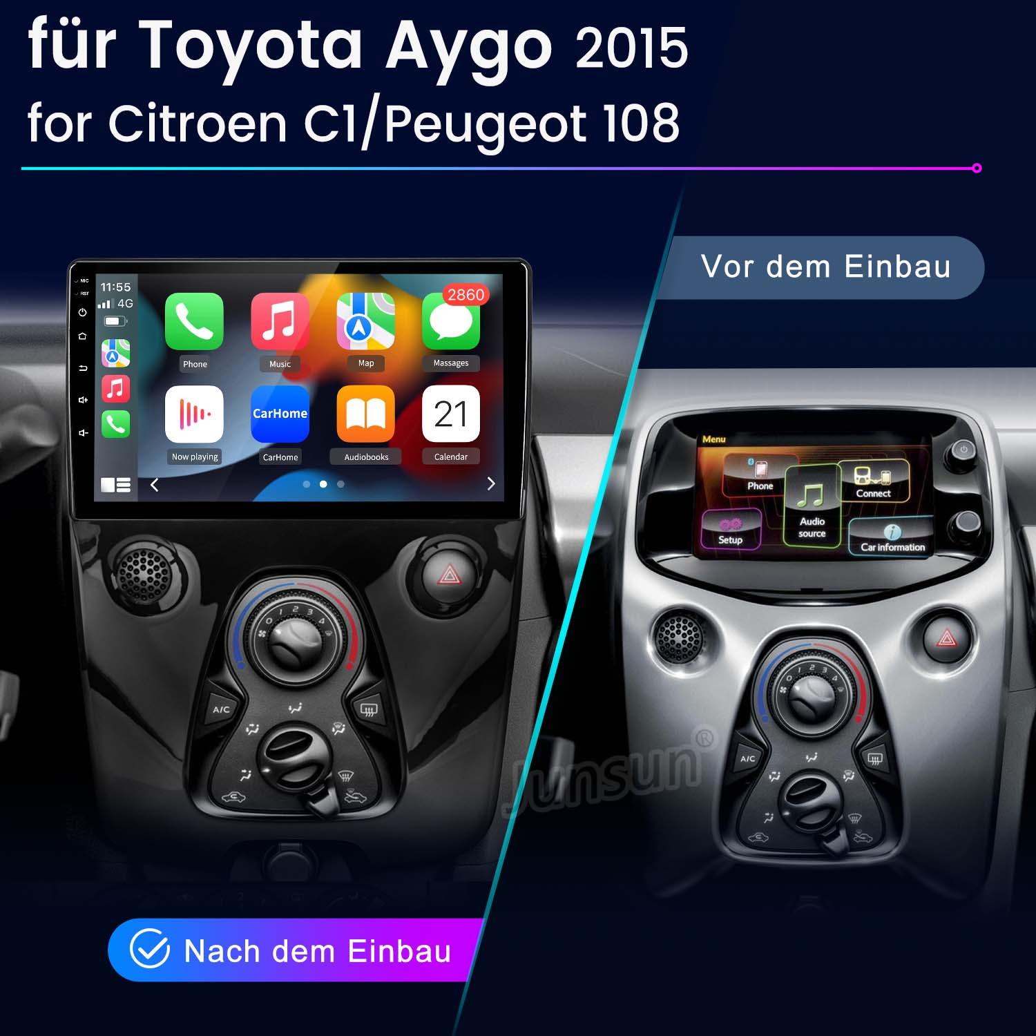 Autoradio-Display vor und nach der Installation. Das installierte Gerät befindet sich im Armaturenbrett des Autos.